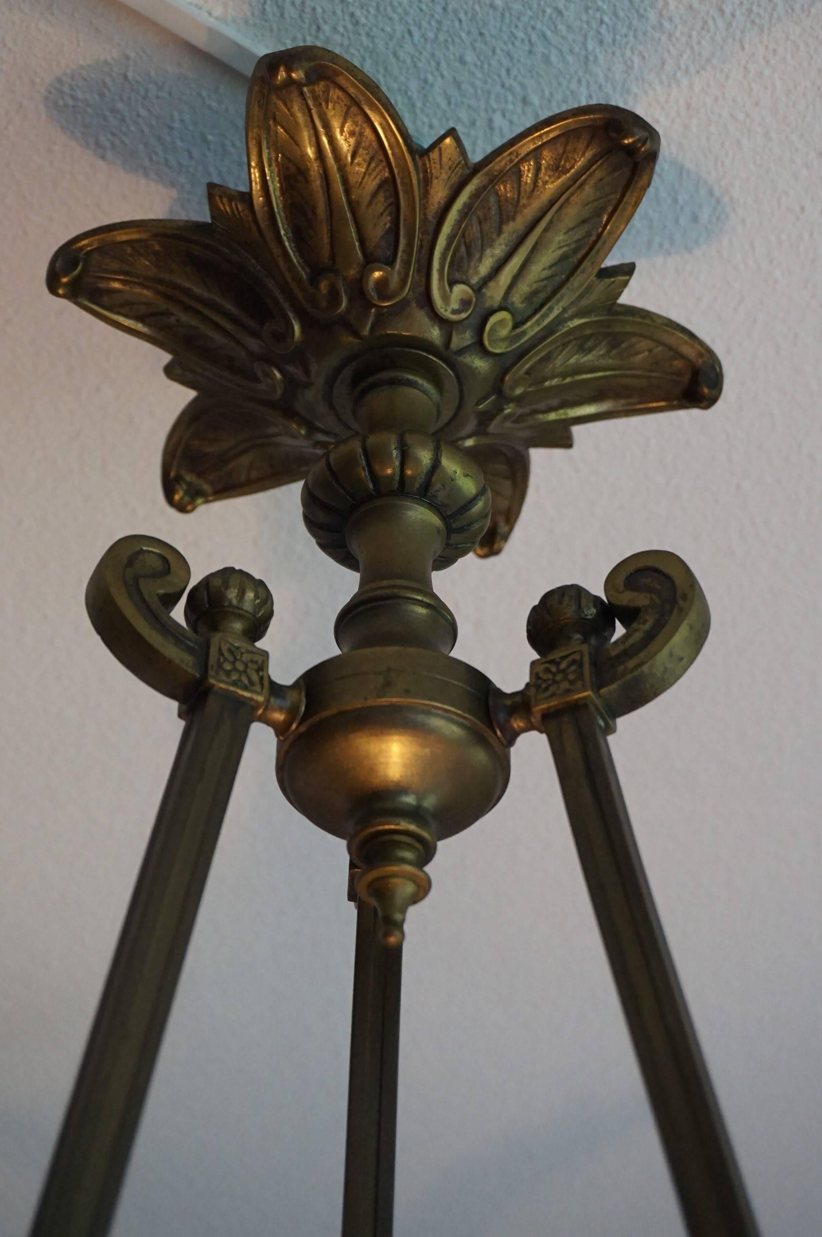 Hand-Crafted Antique Gothic Revival Bronze & Glass Pendant / Chandelier w. Winged Gargoyles For Sale