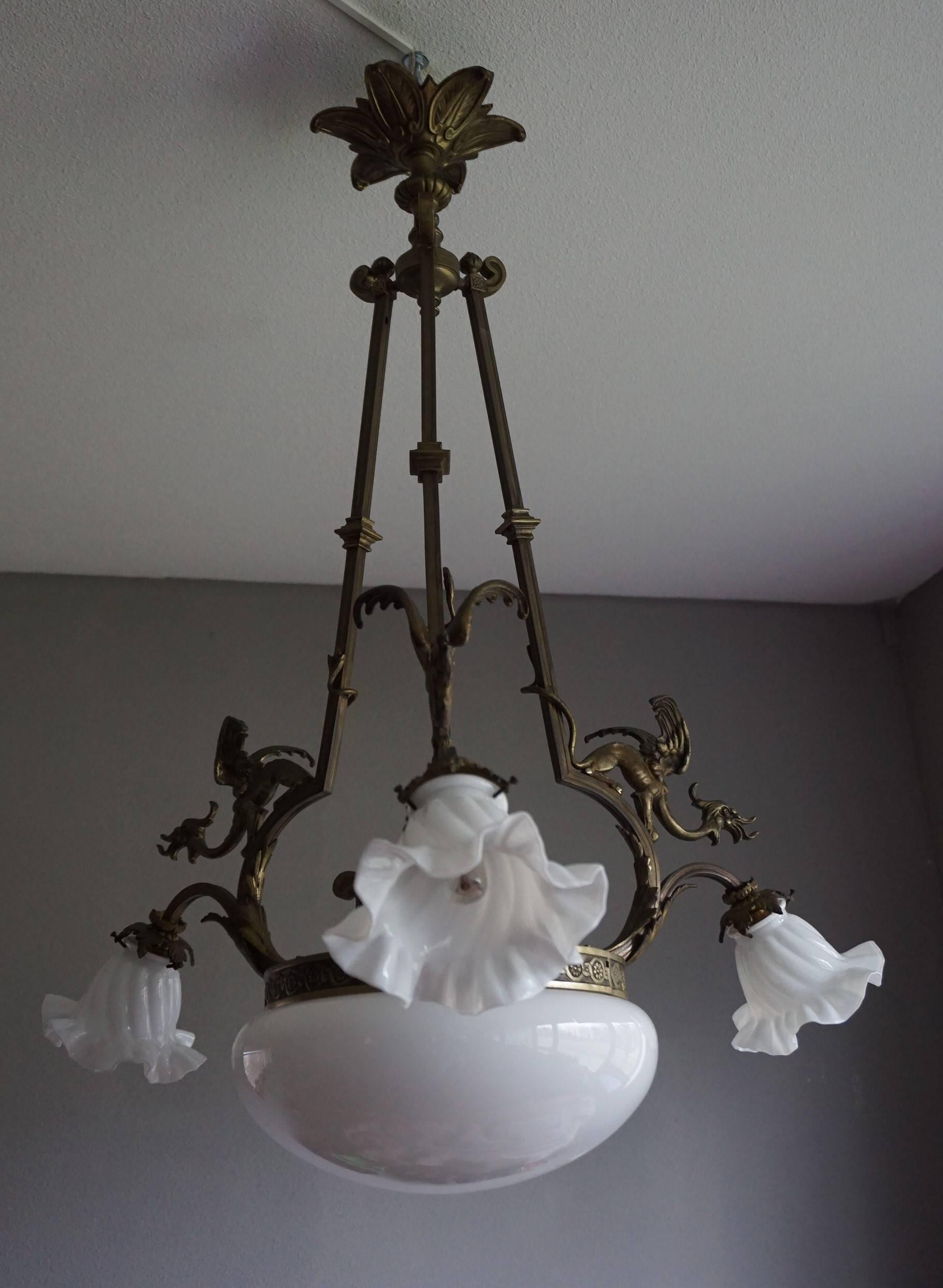 Antique Gothic Revival Bronze & Glass Pendant / Chandelier w. Winged Gargoyles In Excellent Condition For Sale In Lisse, NL