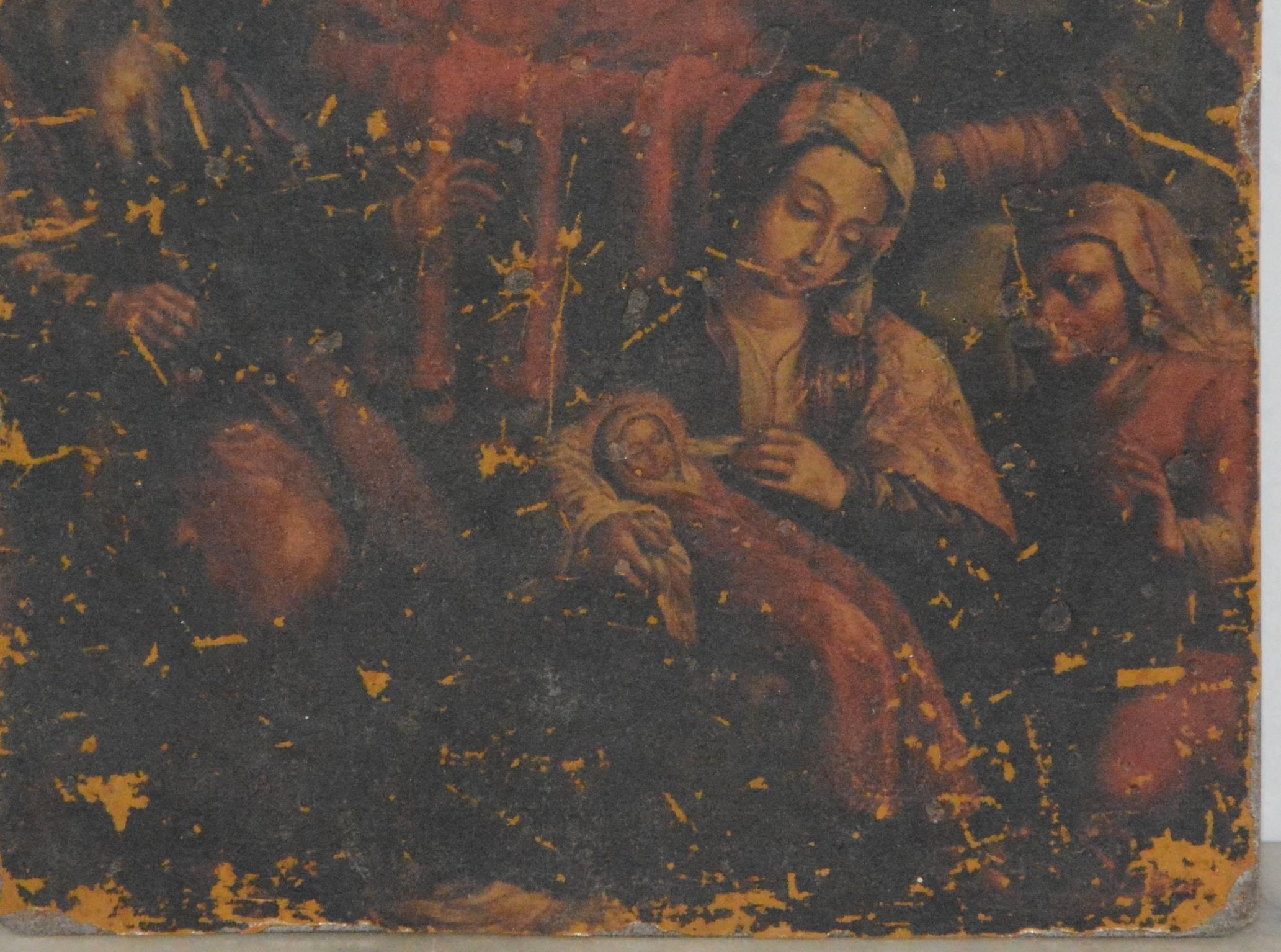 This is a unique Retablo Folk Art painting of Mary hold the baby Jesus done on tin. This is a lovely example of the painting done during this time period.