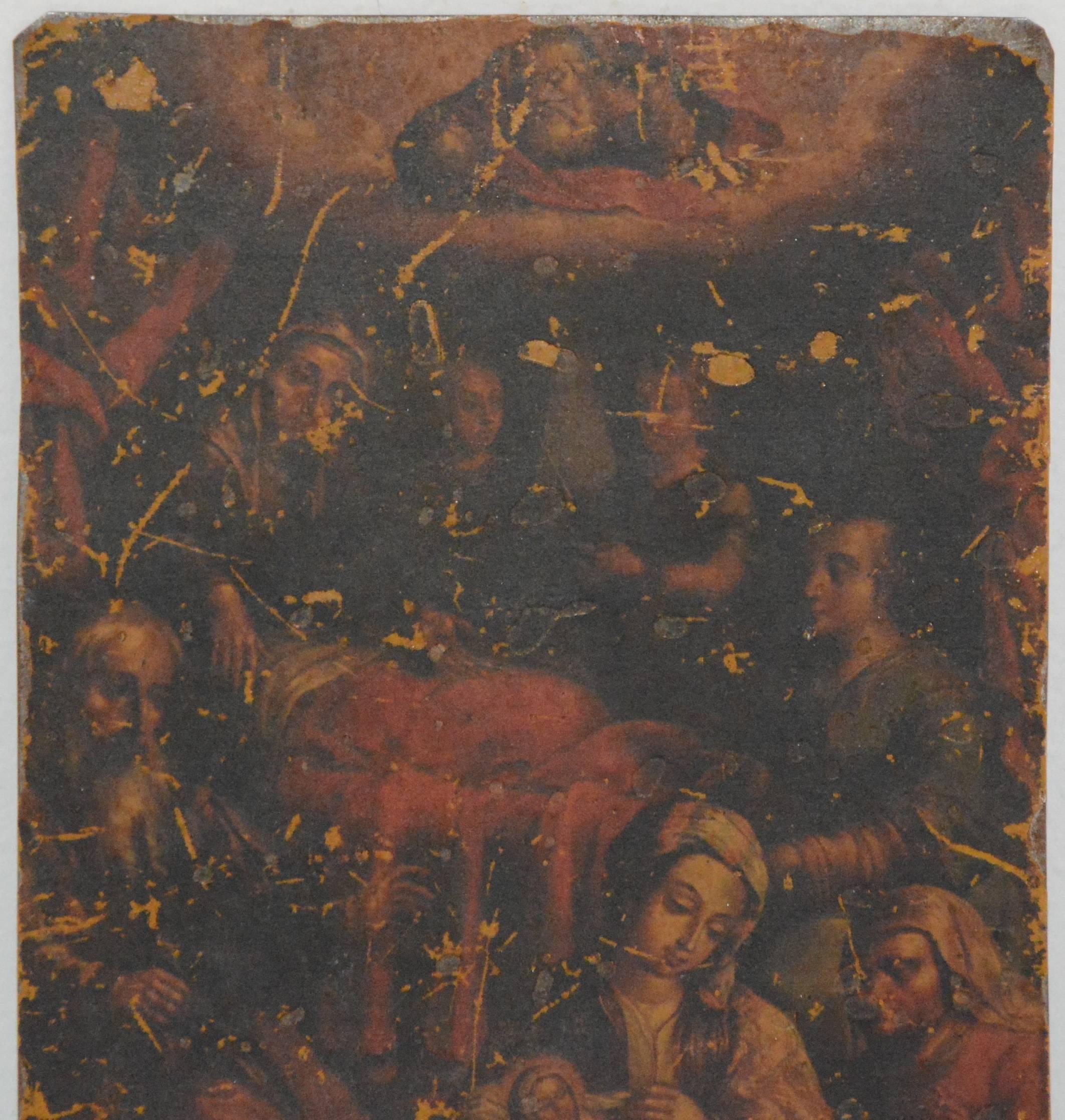 Spanish Retablo Mary Holding Baby Jesus on Tin (Volkskunst) im Angebot