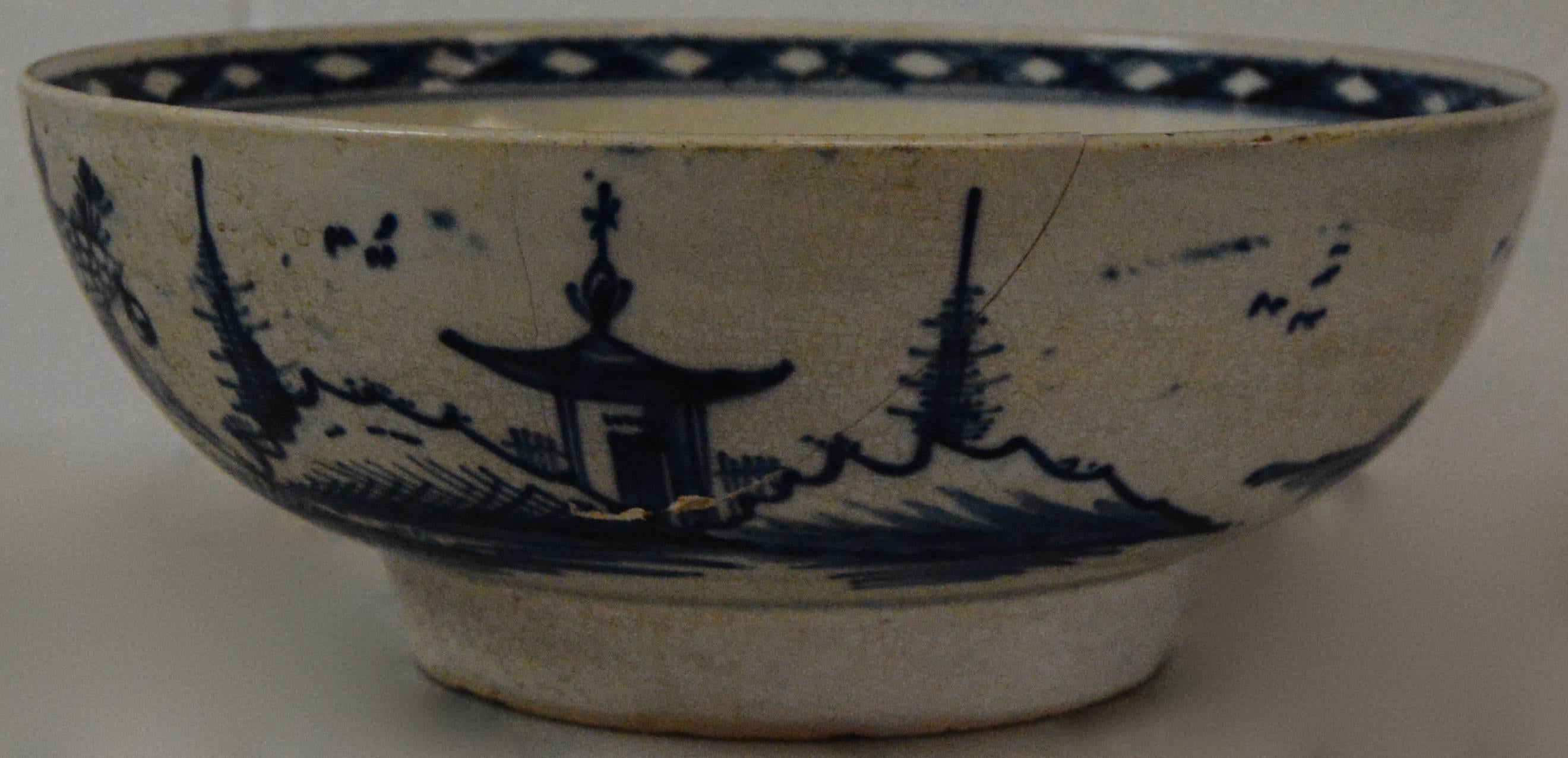 We are offering you a beautiful oriental bowl done in white porcelain with blue hand painted scenes. This bowl originates from the late 18th century. This would make a great addition to your Chinese collectibles.