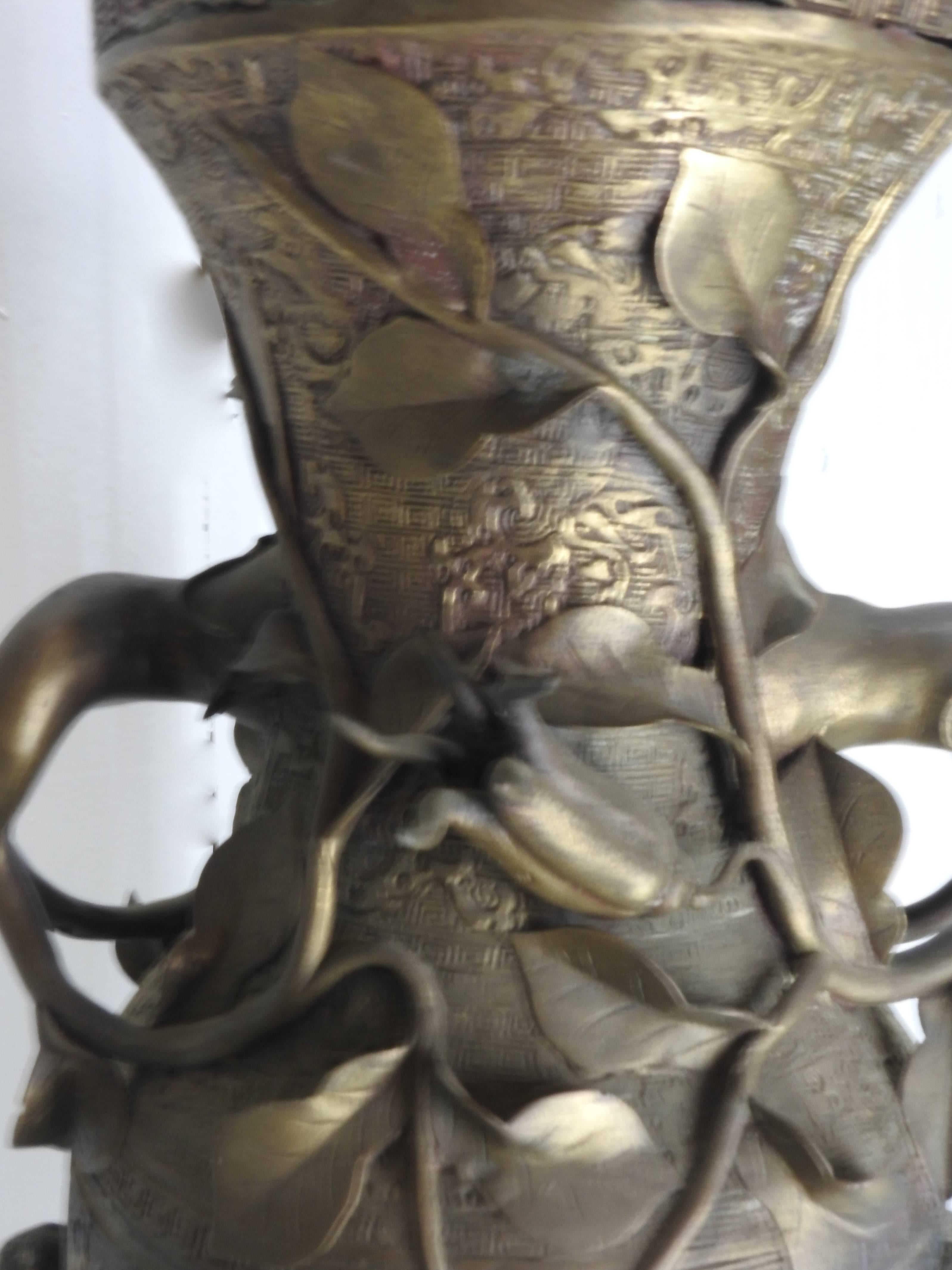 Chinese Export Bronze Repousse Lamp Water Buffalo with Riders, 19th Century For Sale