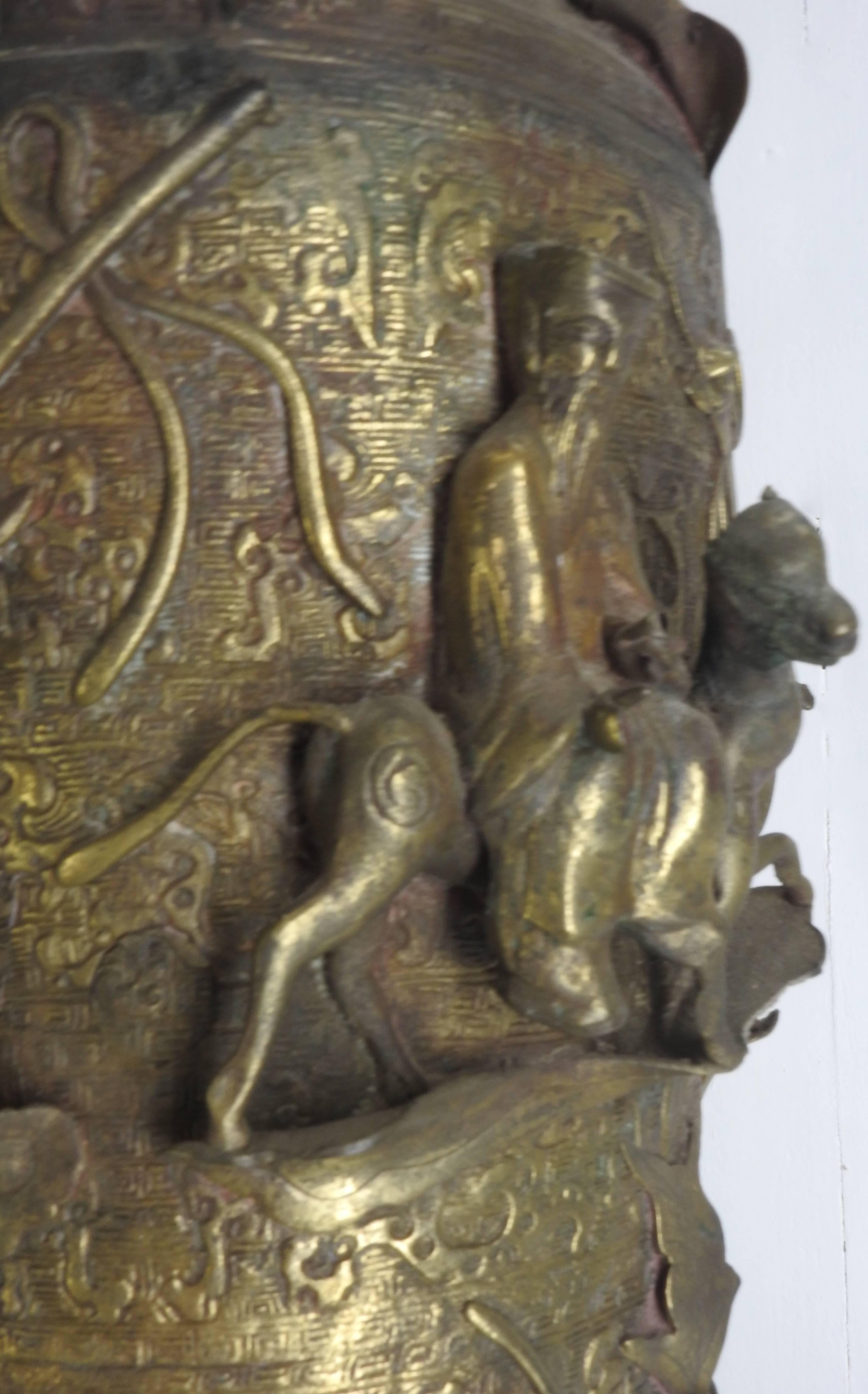 Bronze Repousse Lamp Water Buffalo with Riders, 19th Century In Fair Condition For Sale In Cookeville, TN