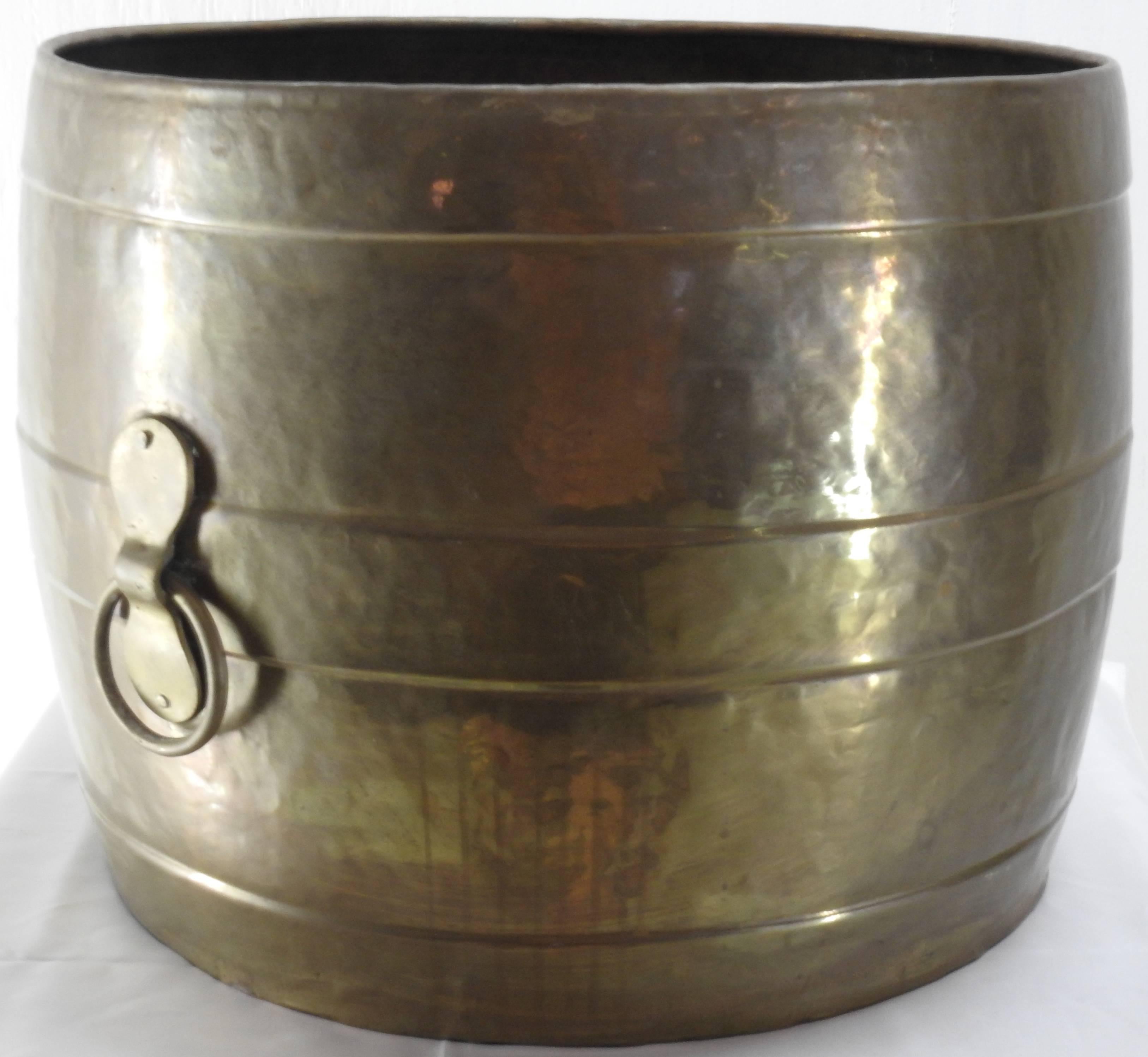 Hand-Crafted Large Brass Planter Bucket Barrel Cachepot