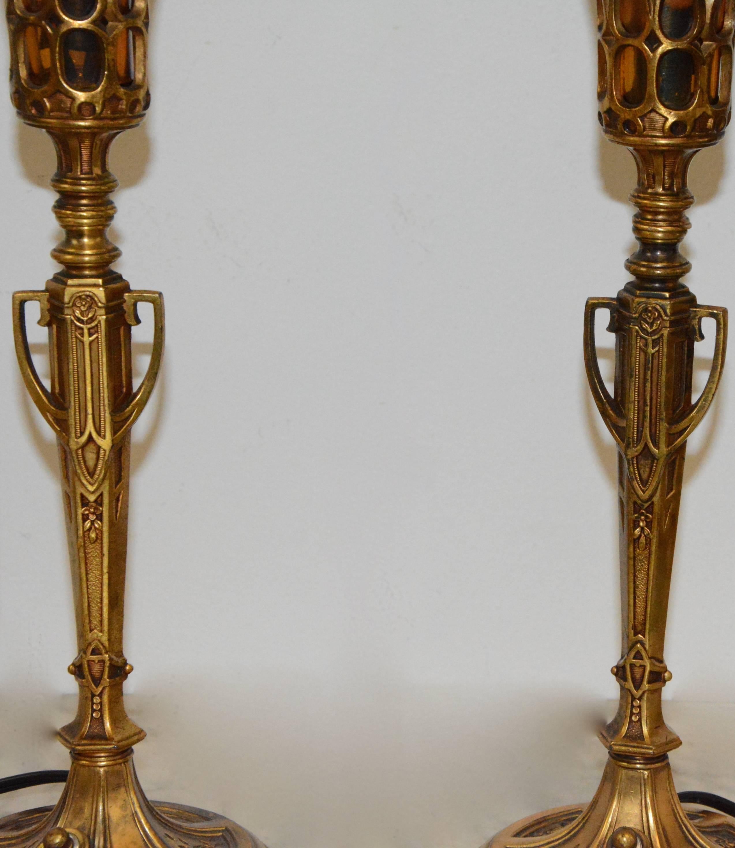 Cast Art Deco Bronze Lamps with Iridescent Shades For Sale