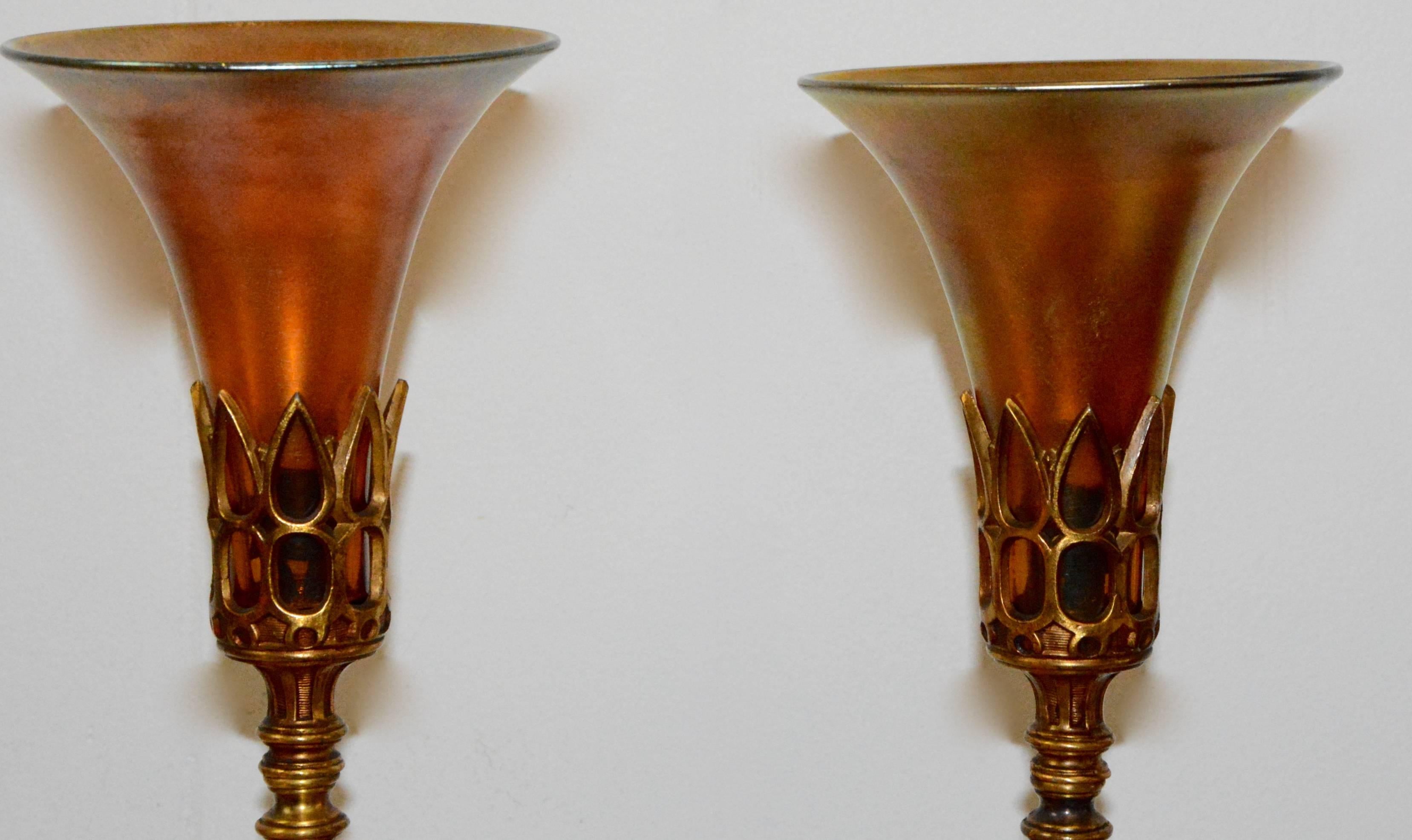 American Art Deco Bronze Lamps with Iridescent Shades For Sale
