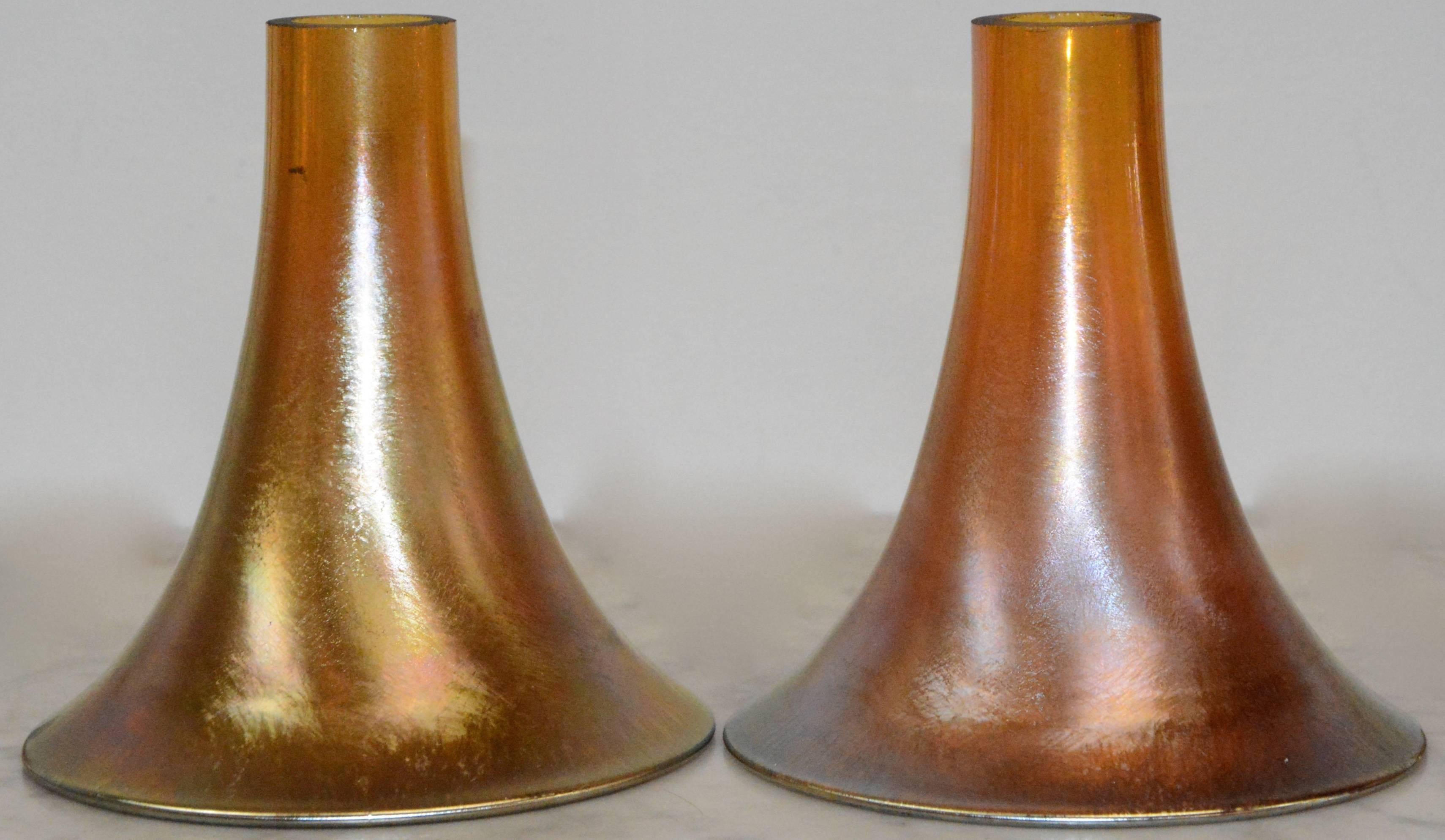 20th Century Art Deco Bronze Lamps with Iridescent Shades For Sale