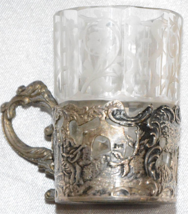 Silver and Engraved Crystal Decanter and Cordial Cups For Sale at 1stDibs