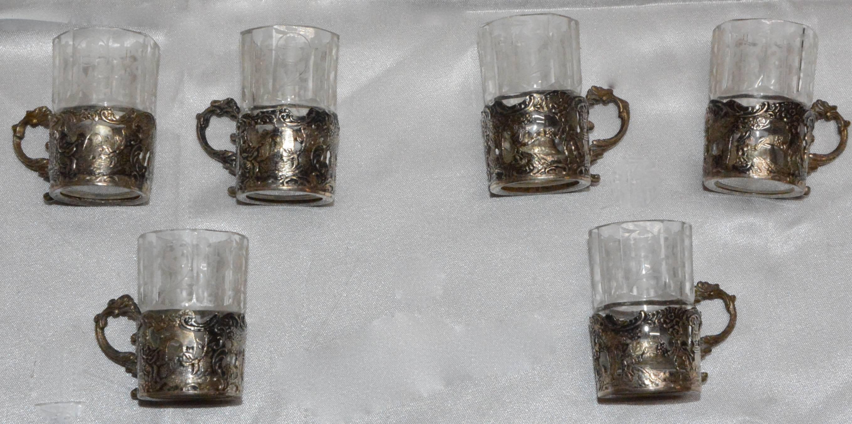 Silver and Engraved Crystal Decanter and Cordial Cups In Fair Condition For Sale In Cookeville, TN