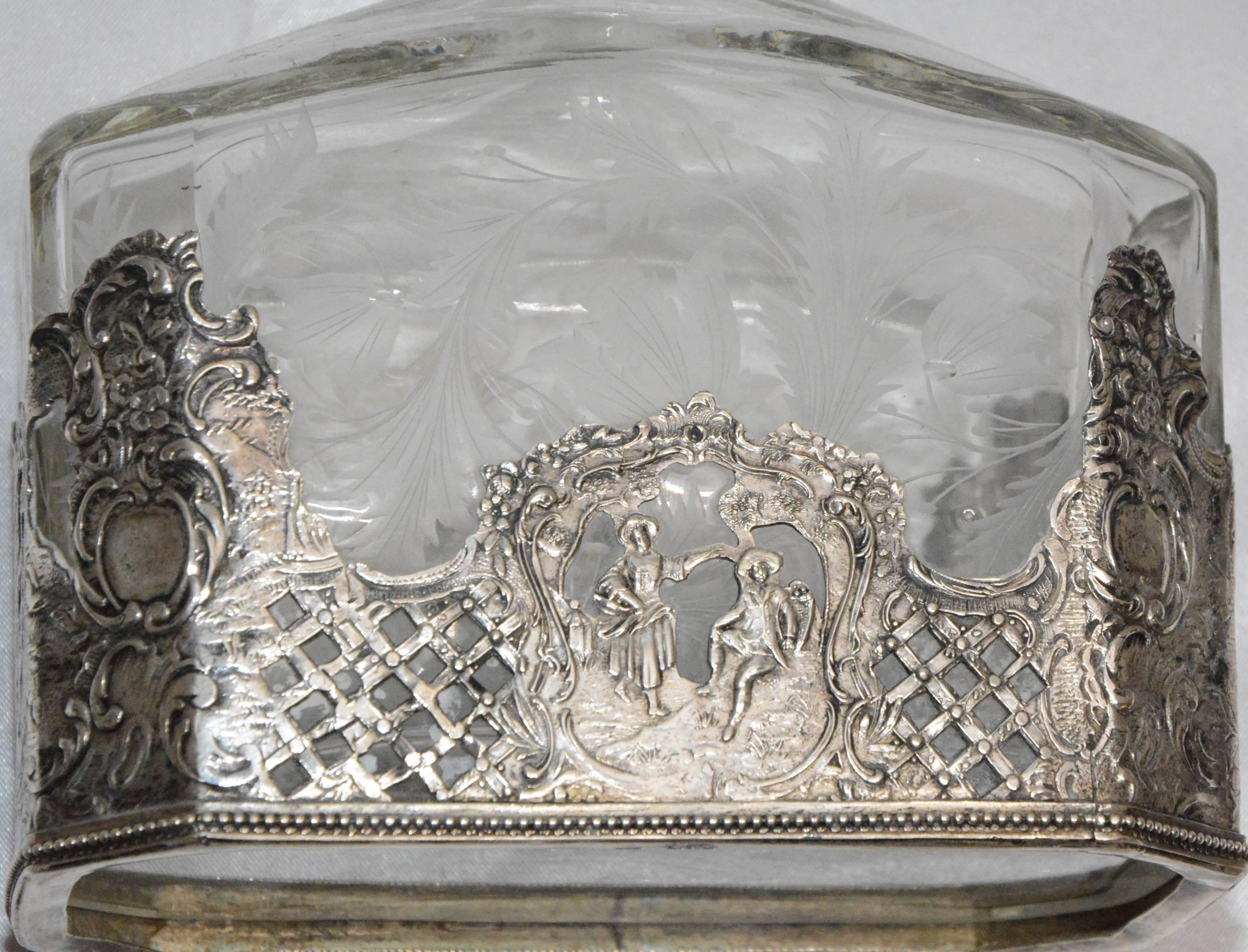 19th Century Silver and Engraved Crystal Decanter and Cordial Cups For Sale