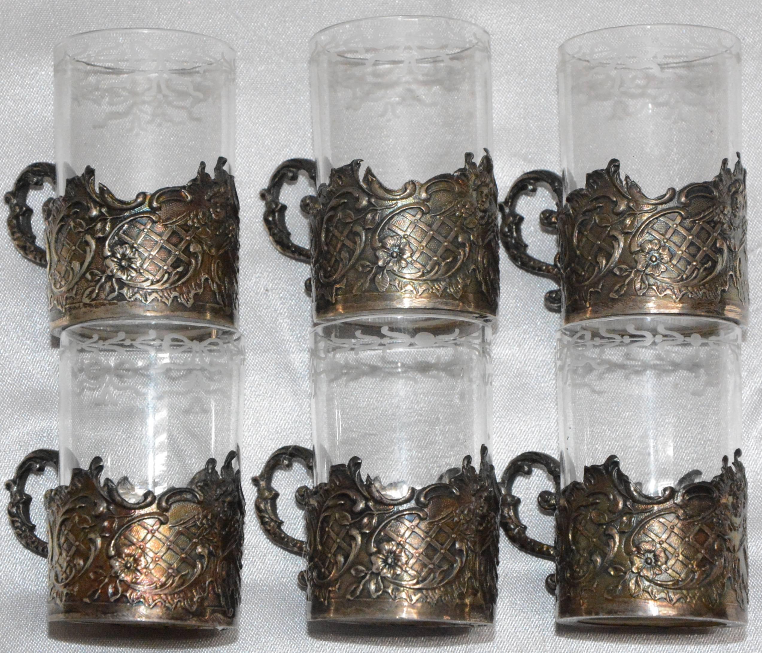 19th Century Sterling Silver and Engraved Crystal Decanter with Cordial Cups For Sale