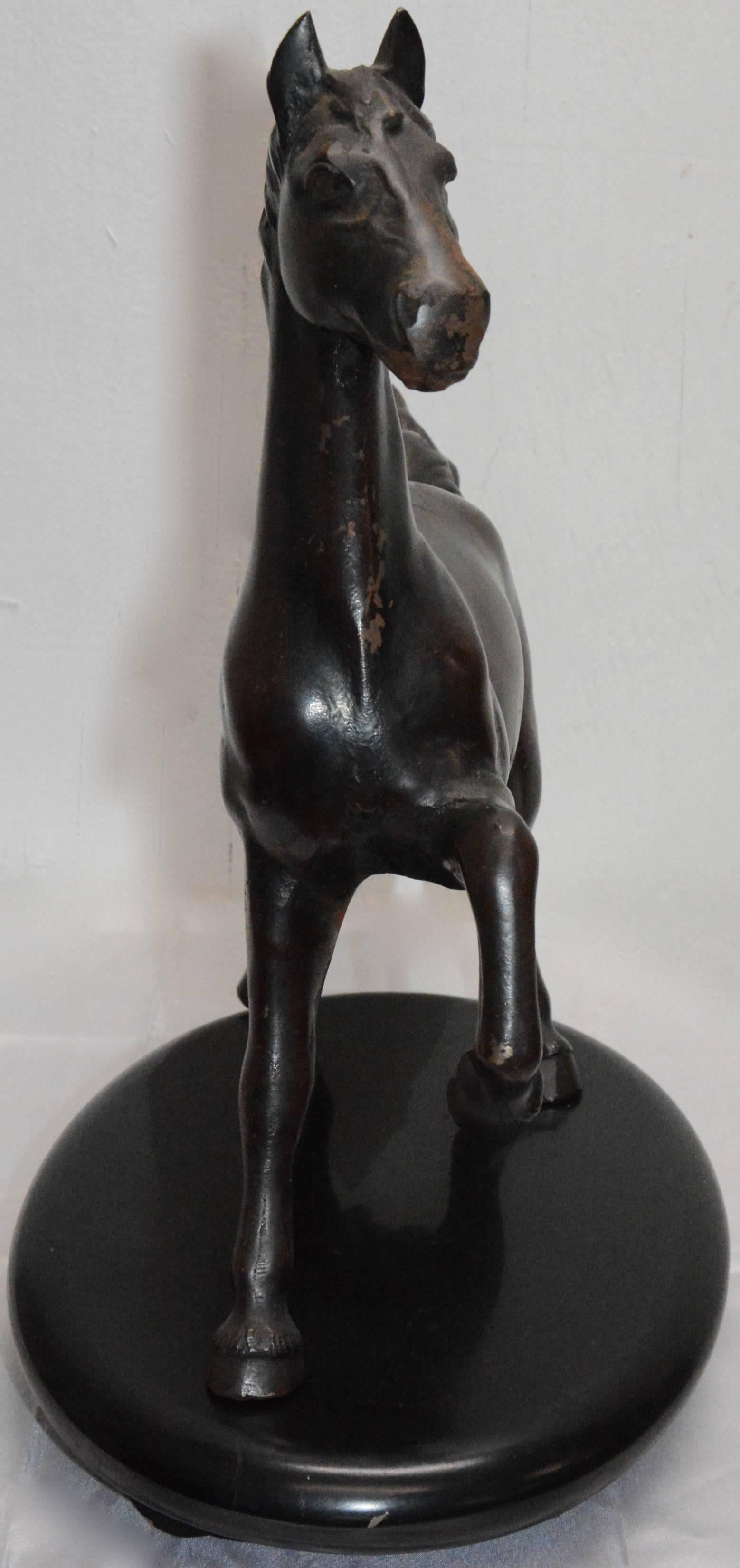 Cast Iron Bronze Polychromed Horse on Black Lacquer Stand In Good Condition In Cookeville, TN