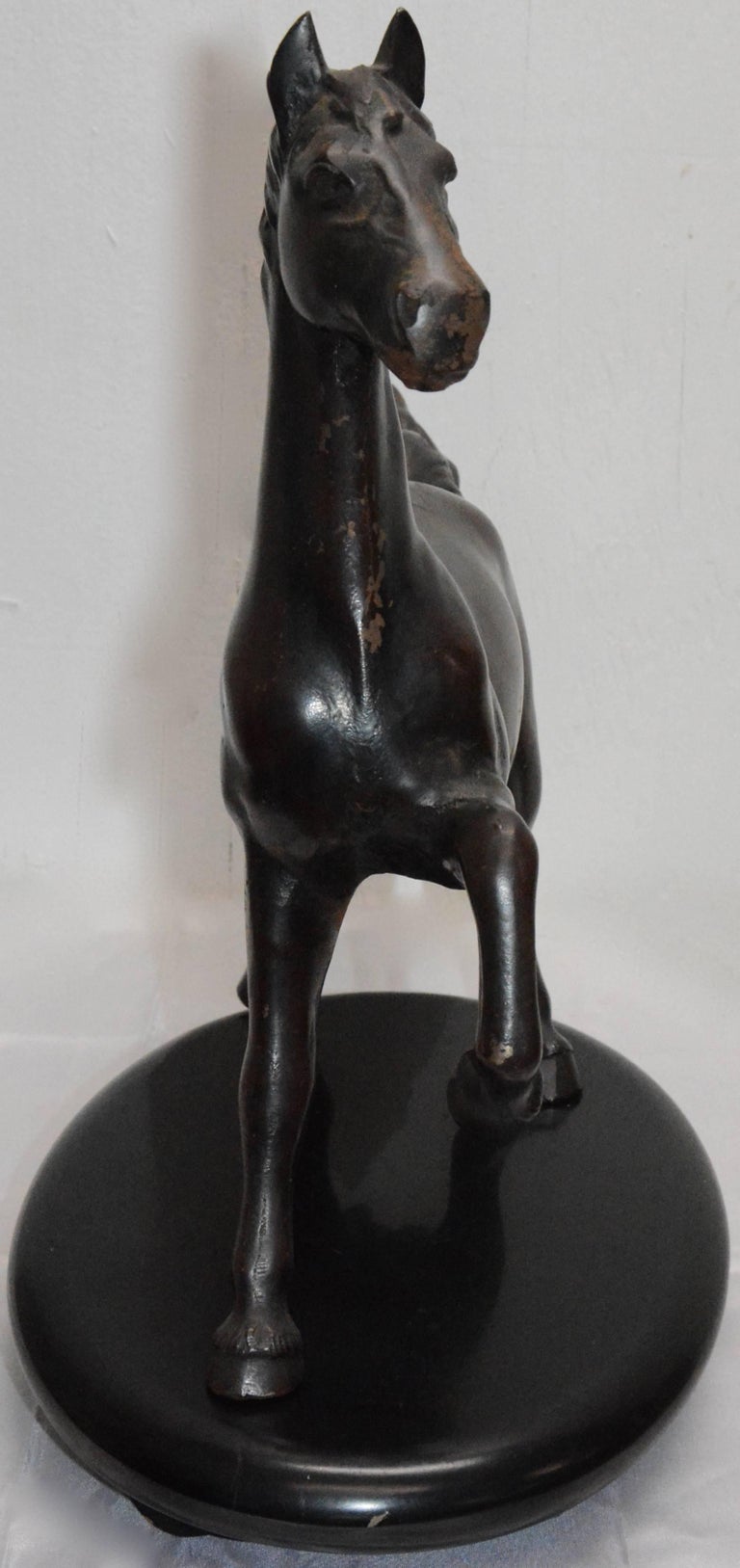 Cast Iron Bronze Polychromed Horse on Black Lacquer Stand at 1stDibs