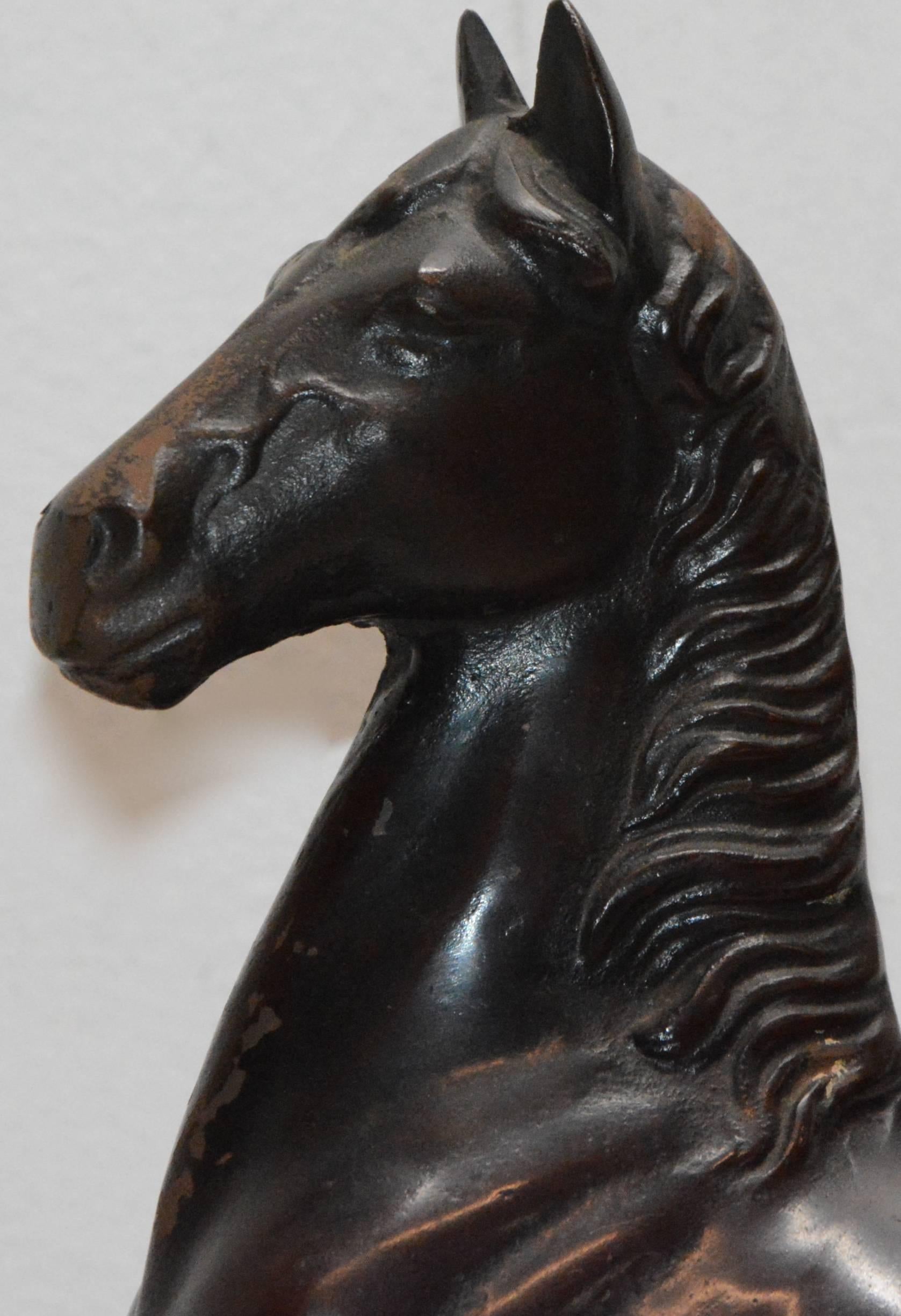 20th Century Cast Iron Bronze Polychromed Horse on Black Lacquer Stand