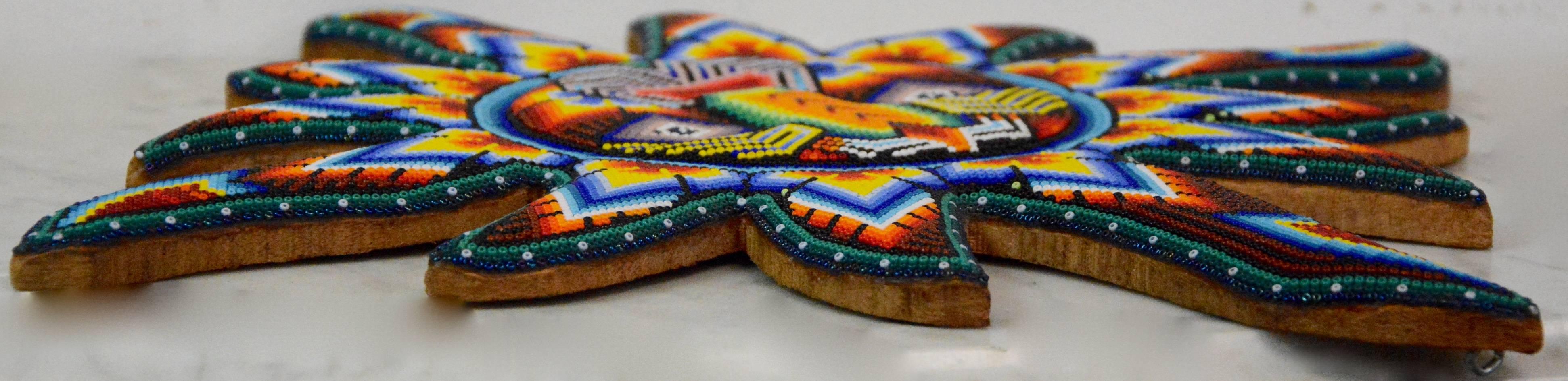 Modern Mexican Huichol Hand Beaded Sun Wall Decor For Sale