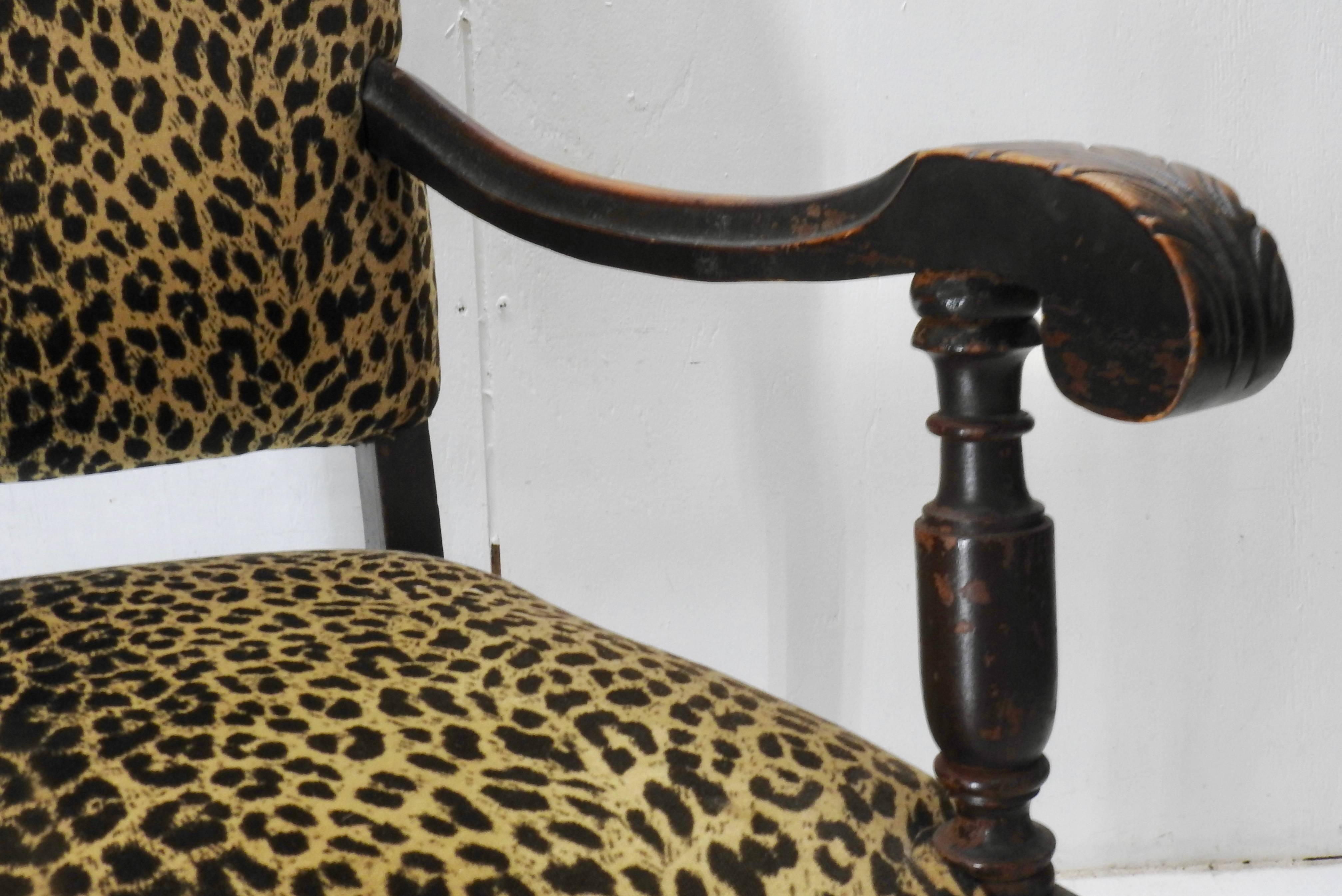 19th Century German Hand-Carved High Back Chair with Leopard Print Upholstery In Good Condition In Cookeville, TN
