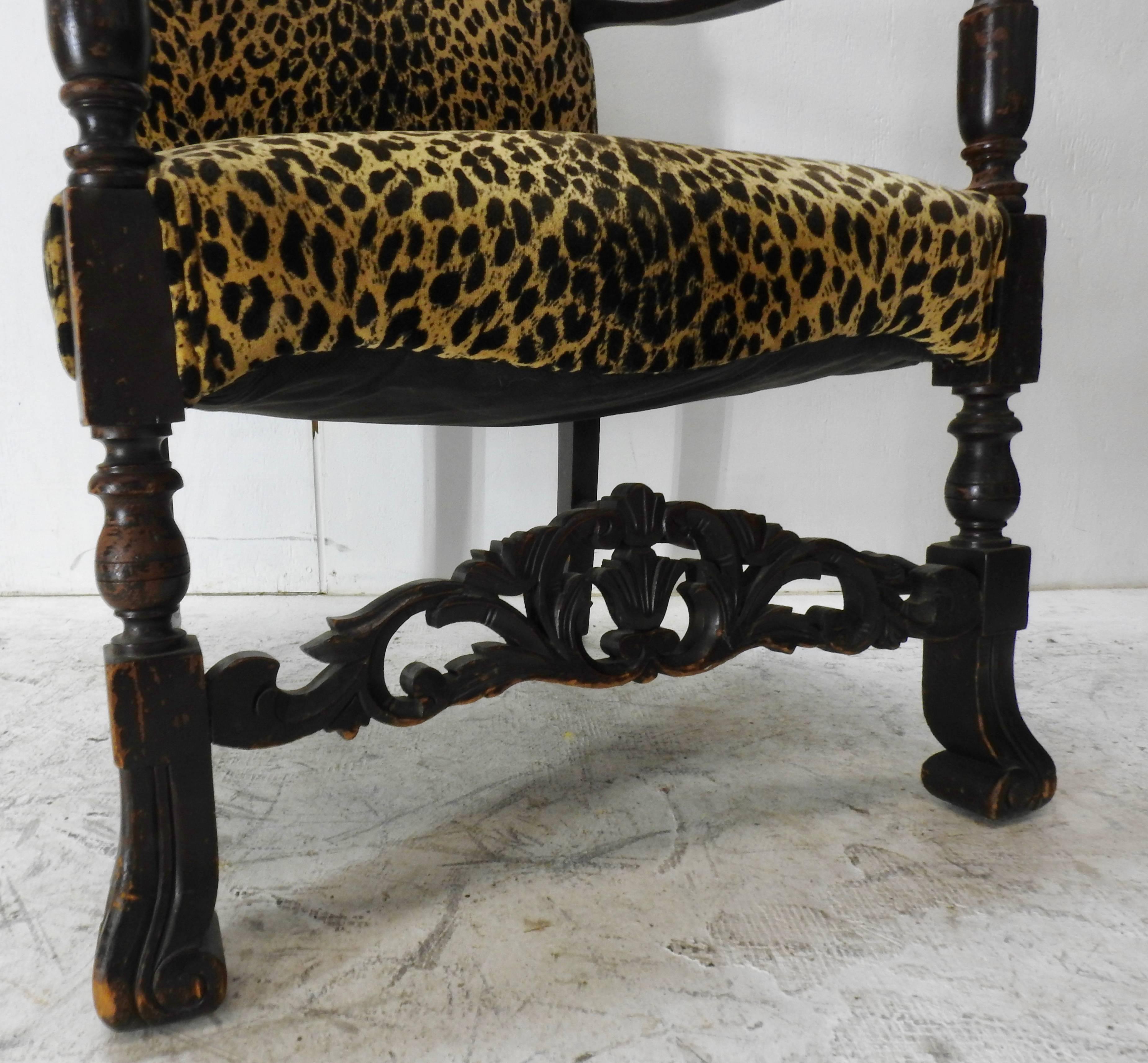 Renaissance Revival 19th Century German Hand-Carved High Back Chair with Leopard Print Upholstery