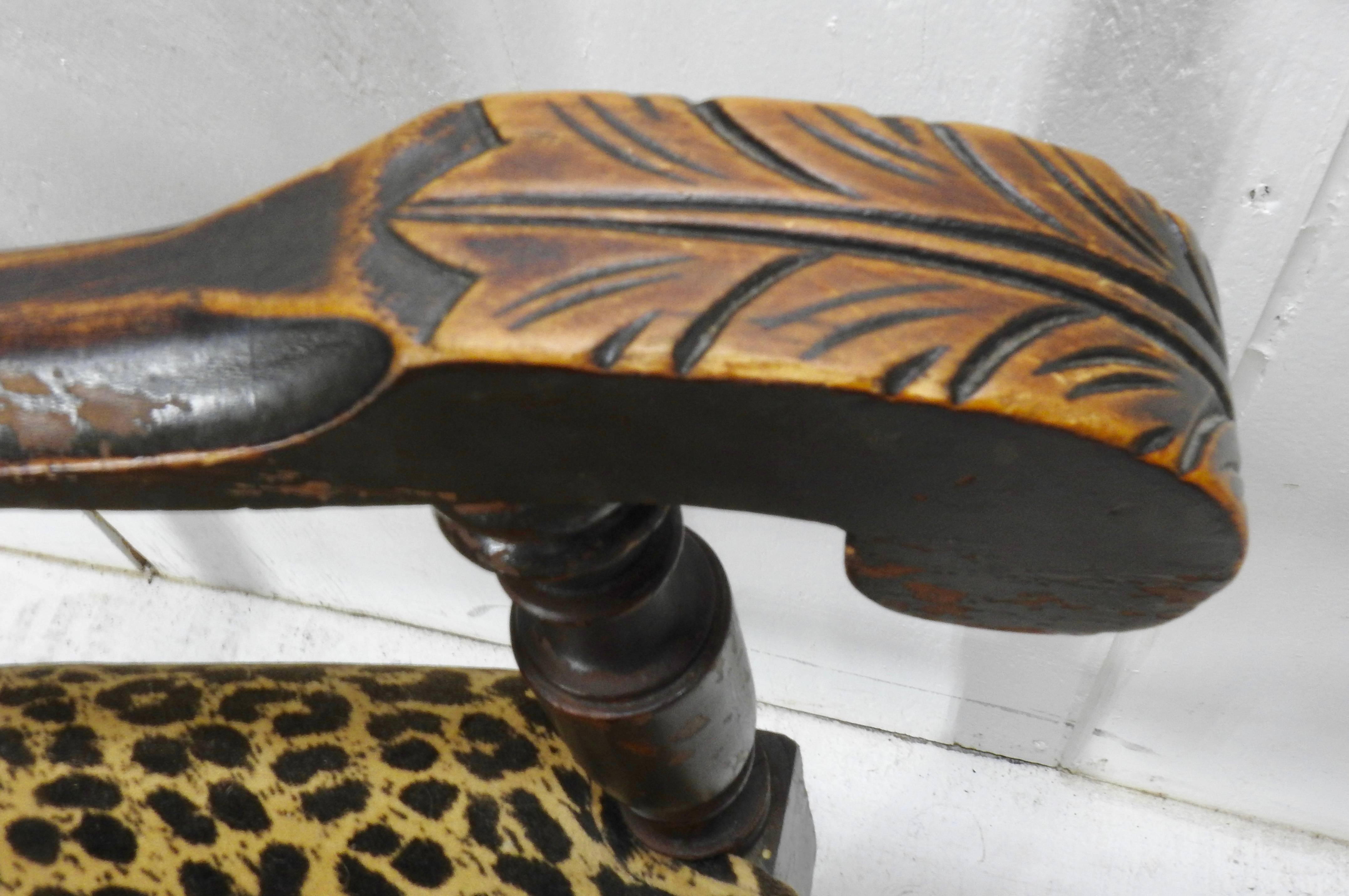 19th Century German Hand-Carved High Back Chair with Leopard Print Upholstery 1