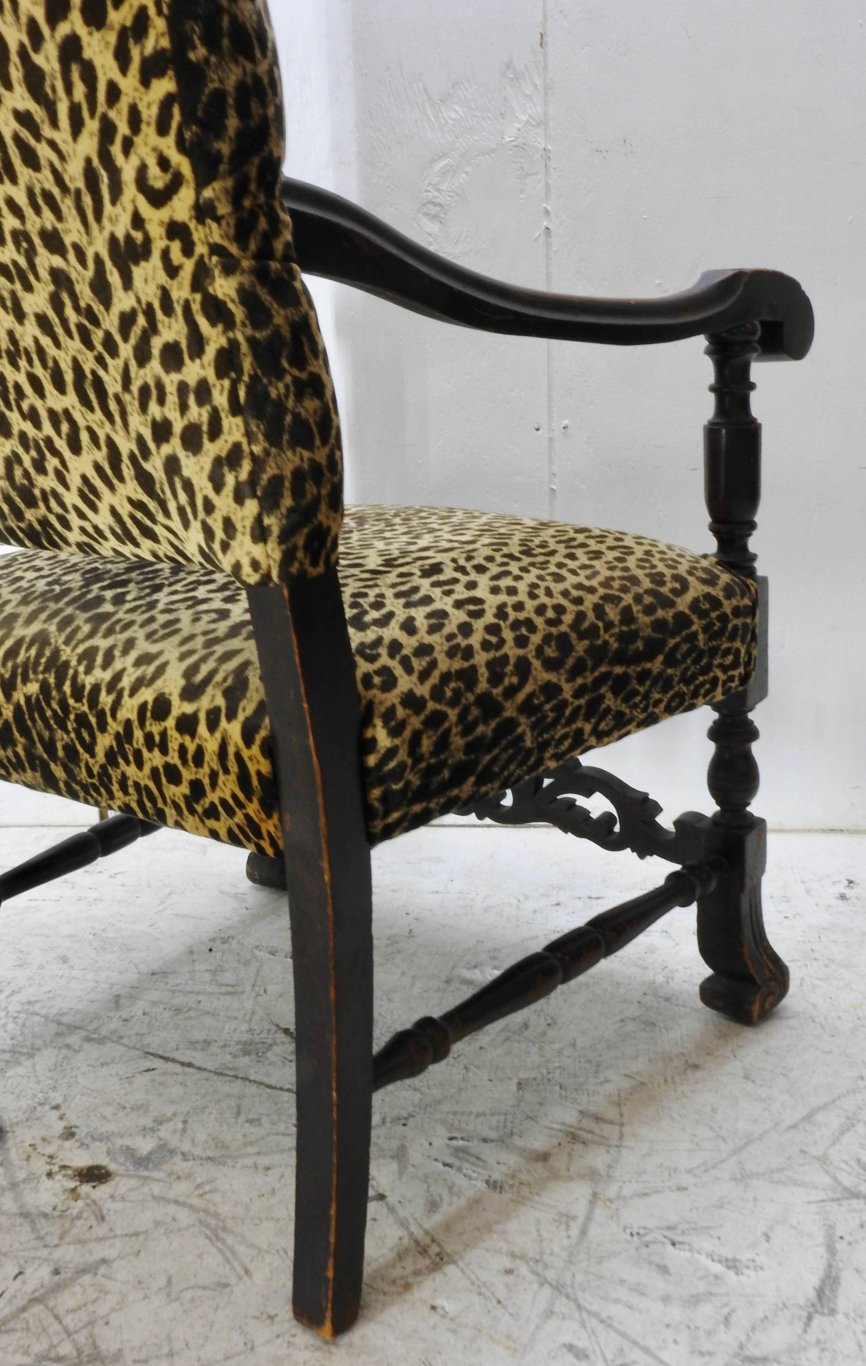 19th Century German Hand-Carved High Back Chair with Leopard Print Upholstery 2