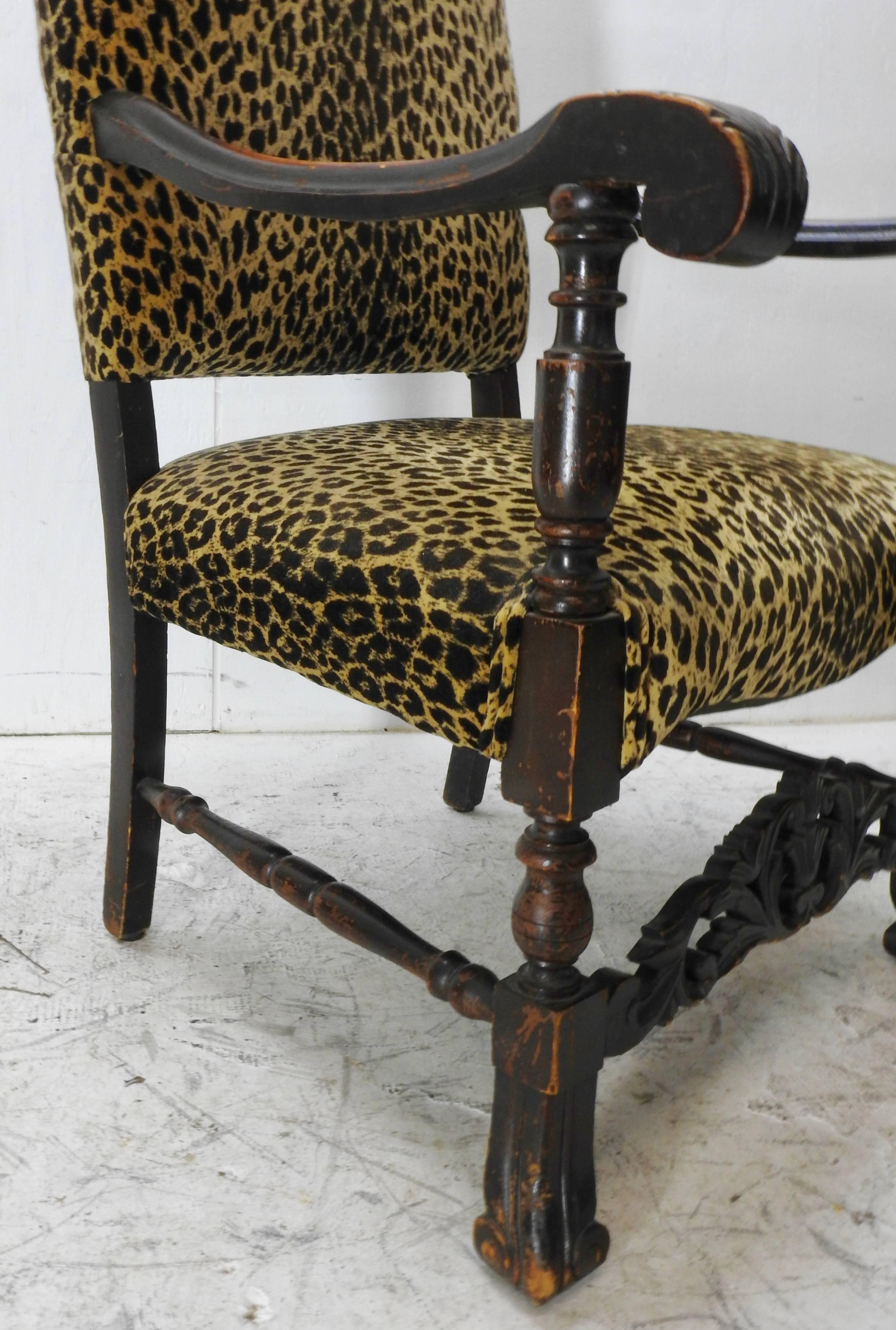 19th Century German Hand-Carved High Back Chair with Leopard Print Upholstery 3