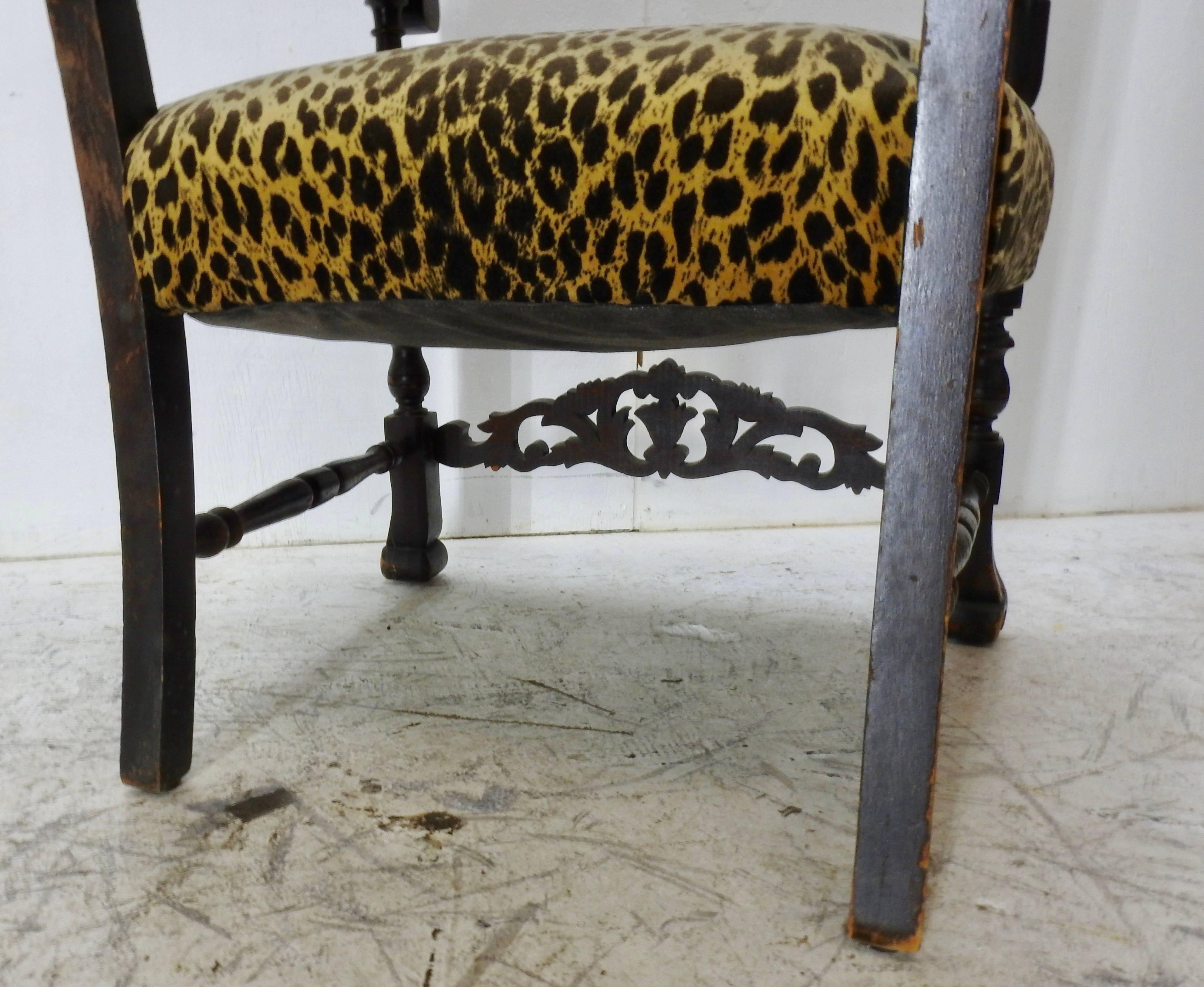 19th Century German Hand-Carved High Back Chair with Leopard Print Upholstery 4