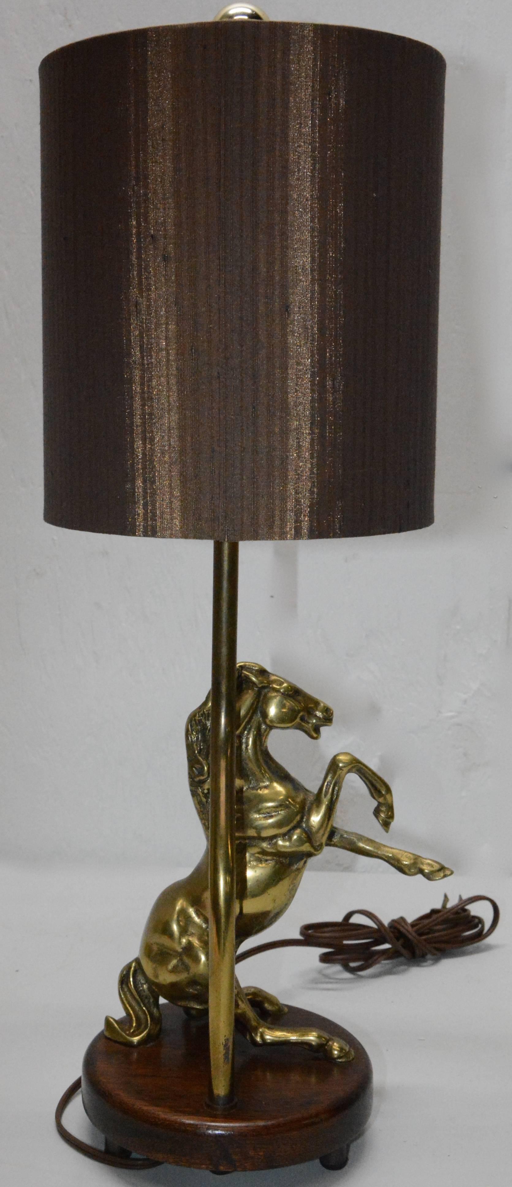 Mid-Century Modern Vintage Solid Brass Horse Lamp with Shade For Sale