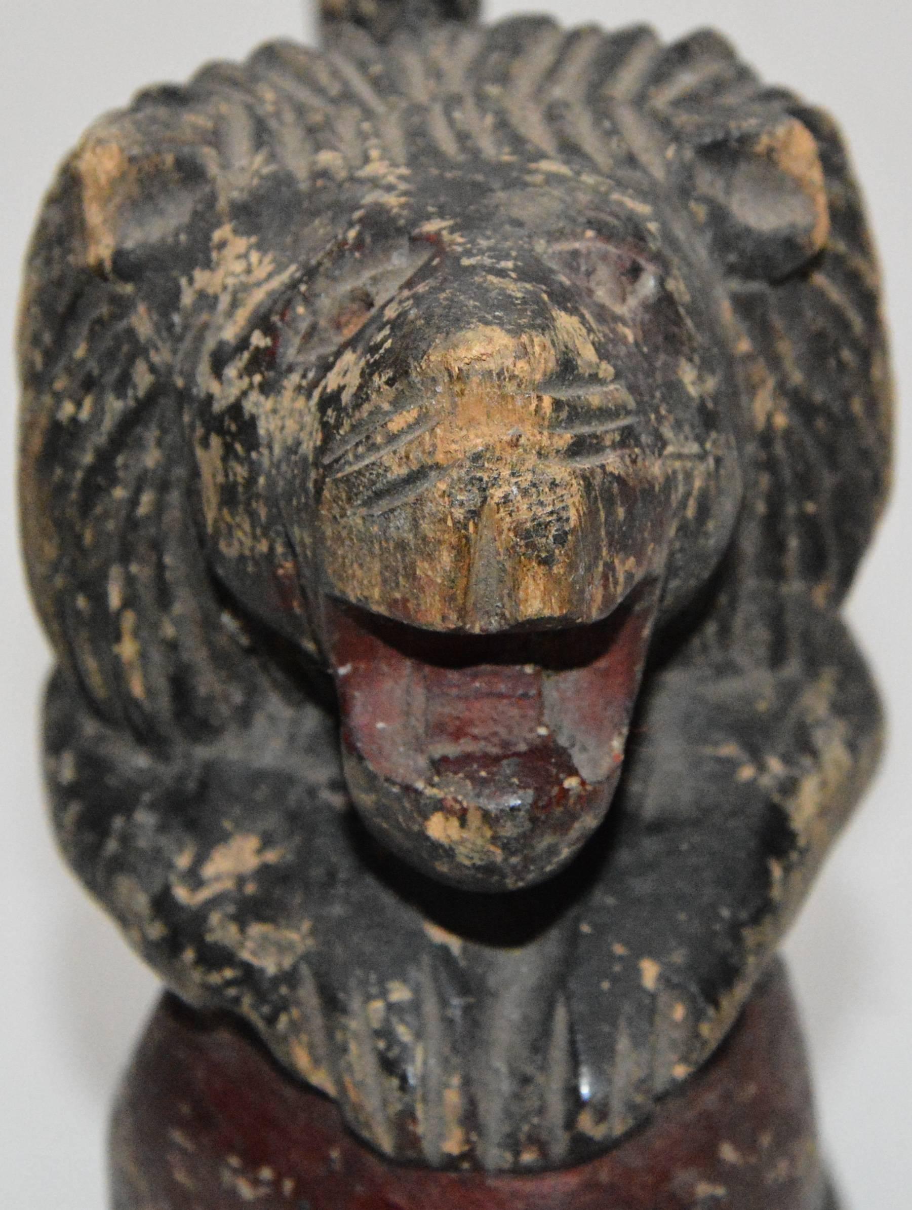 Polychrome Wooden Lion on Red Ball Carving, 19th Century In Fair Condition For Sale In Cookeville, TN