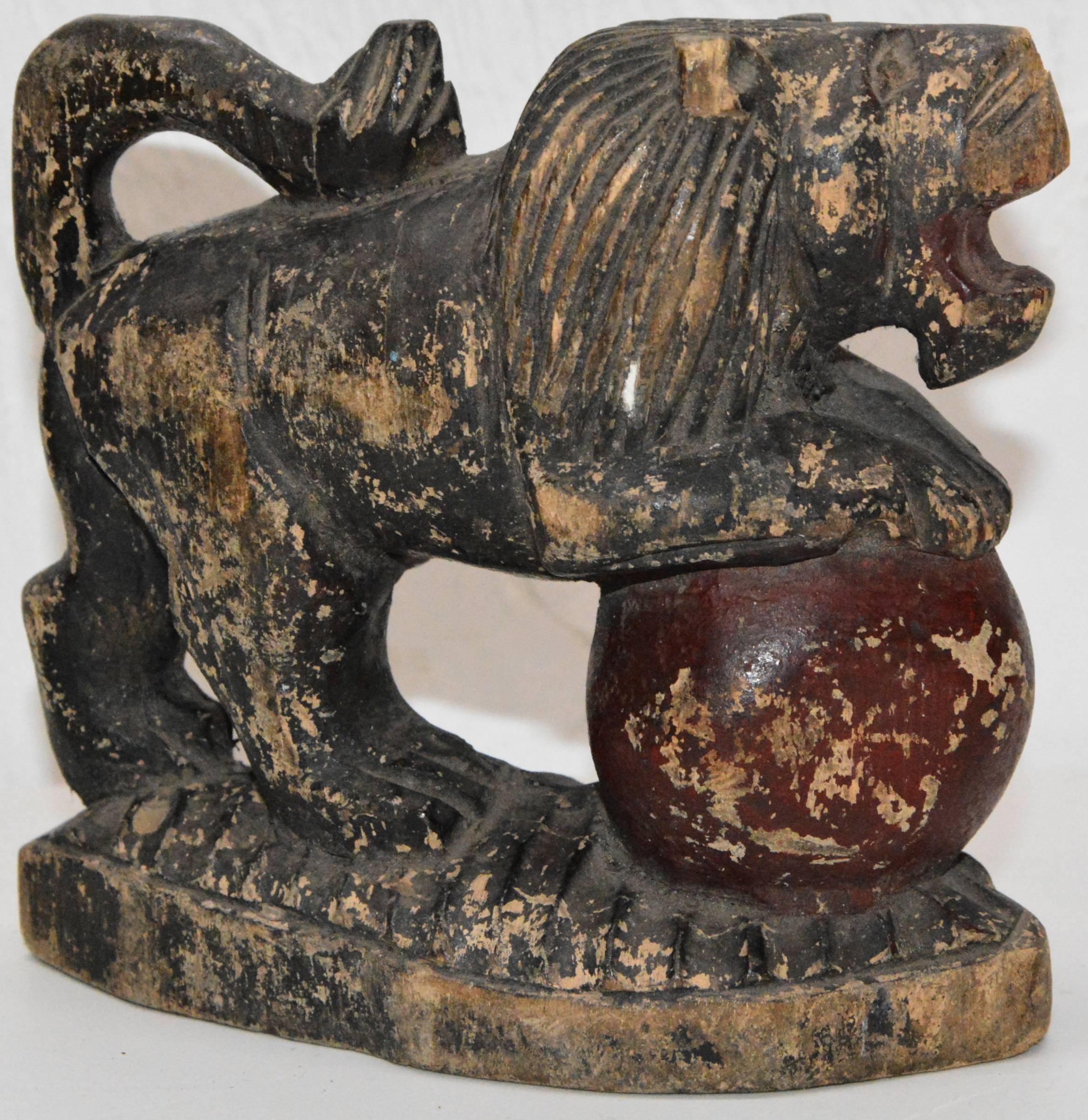 French Polychrome Wooden Lion on Red Ball Carving, 19th Century For Sale