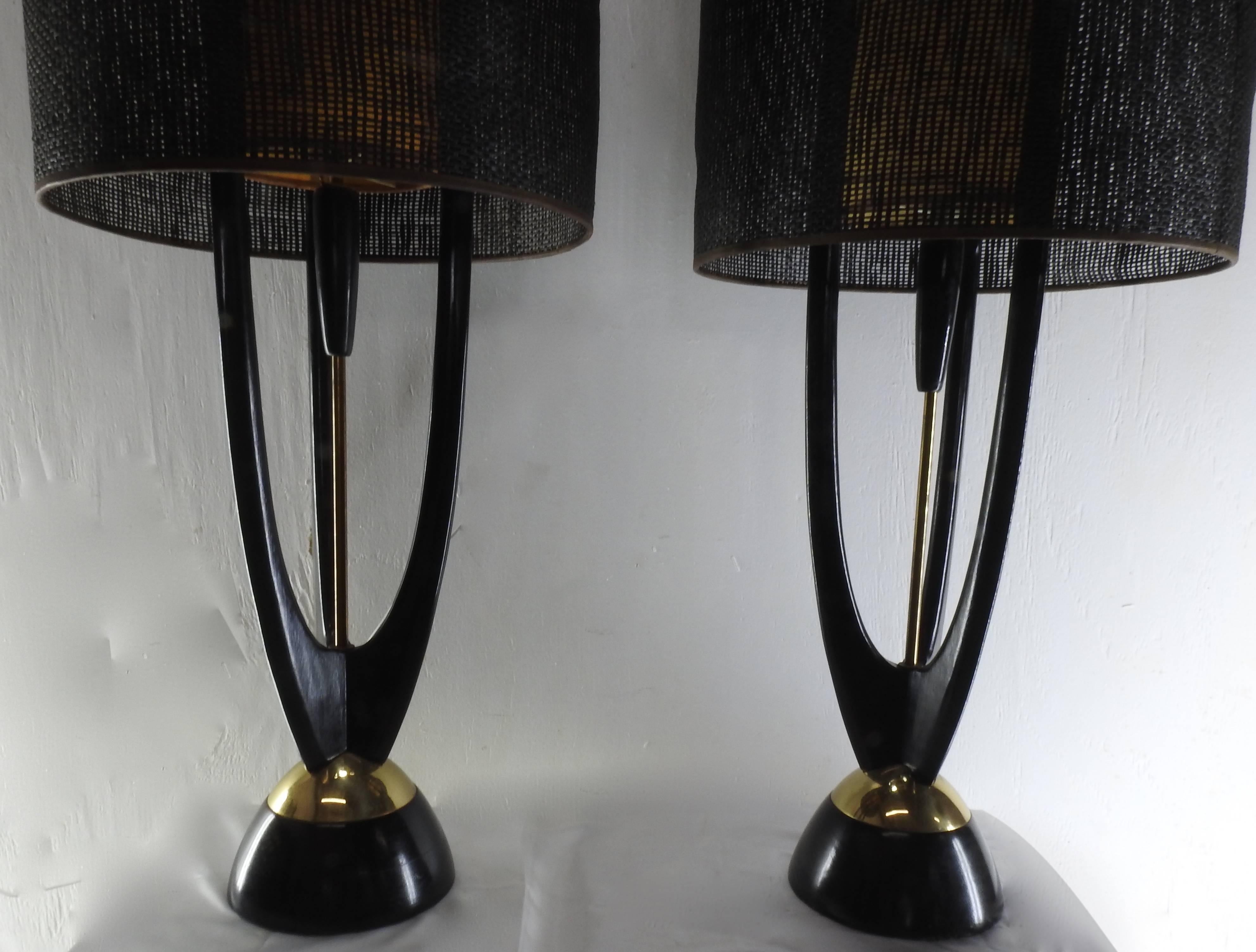 Danish Modern Pair of Modeline Rocket Teak Lamps In Fair Condition In Cookeville, TN