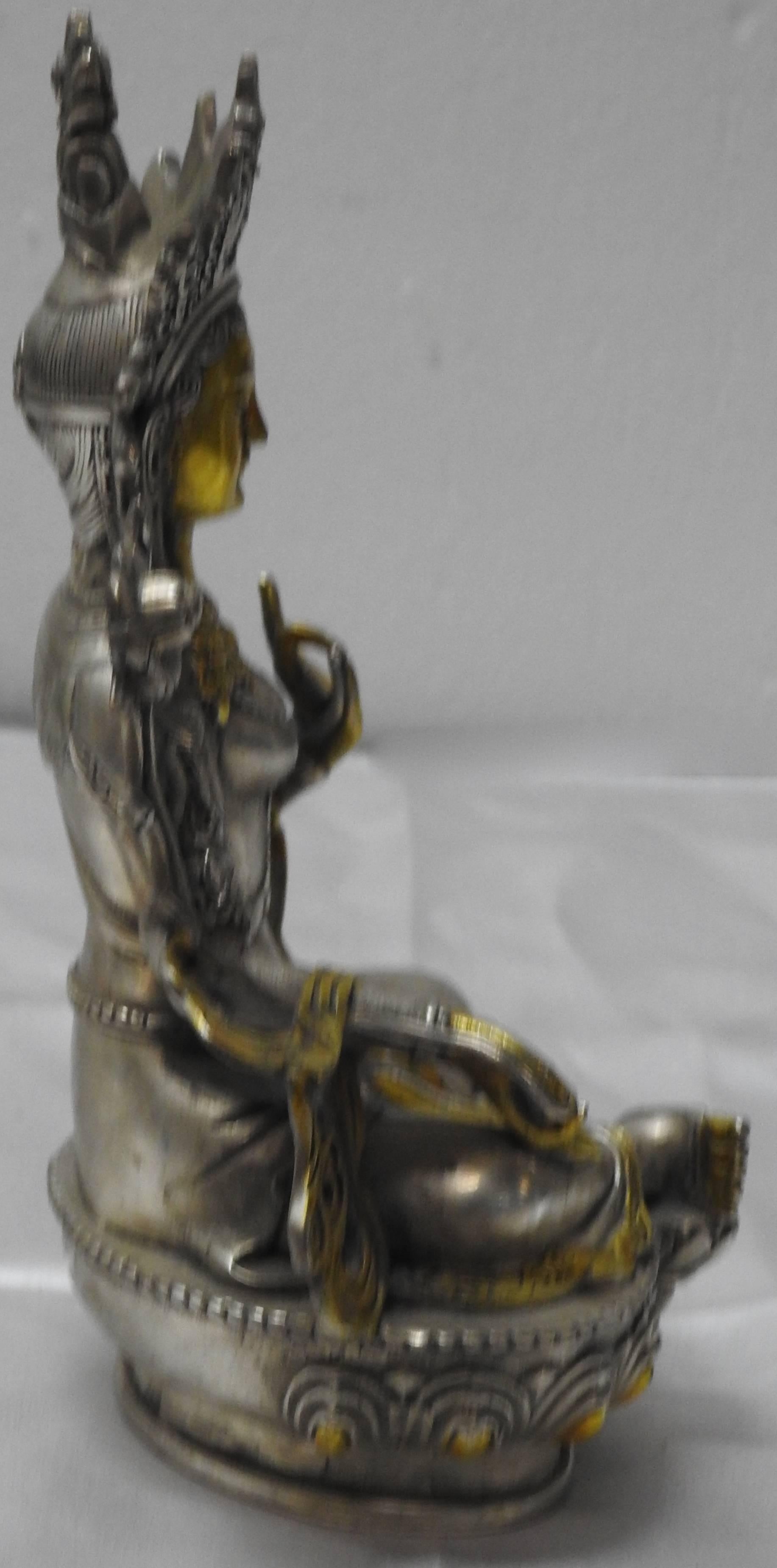 Chinese Brass with Silver Overlay Tara Goddess of Peace Sand Protection Statue
