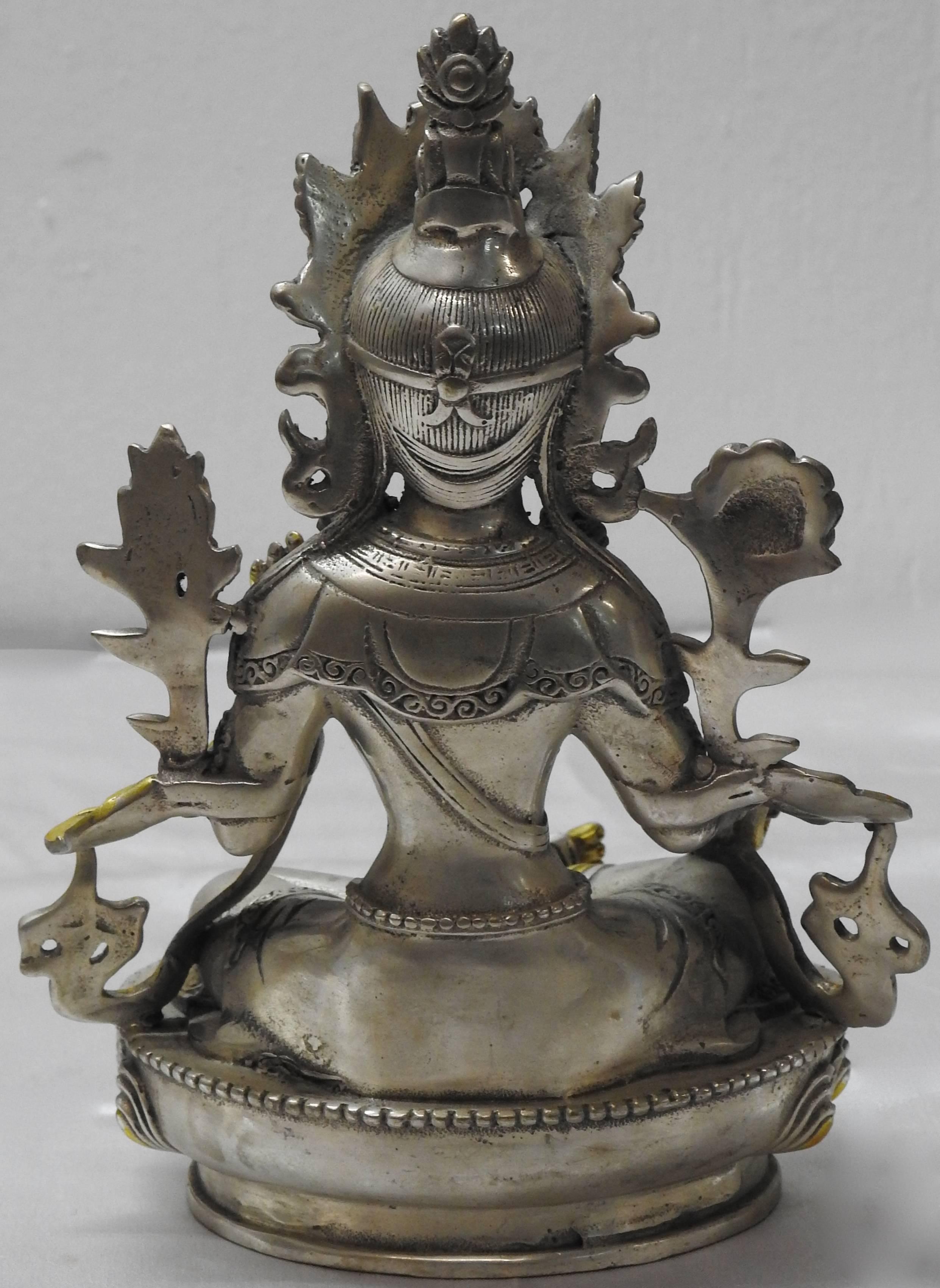 Tibetan Brass with Silver Overlay Tara Goddess of Peace Sand Protection Statue