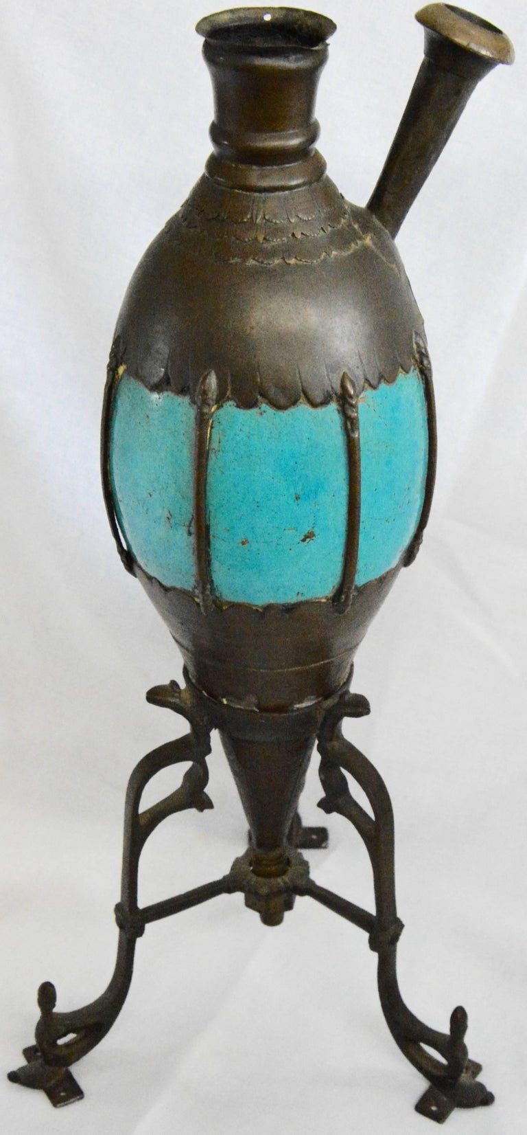 Antique Bronze and Turquoise Ceramic Hookah Pipe For Sale at 1stdibs