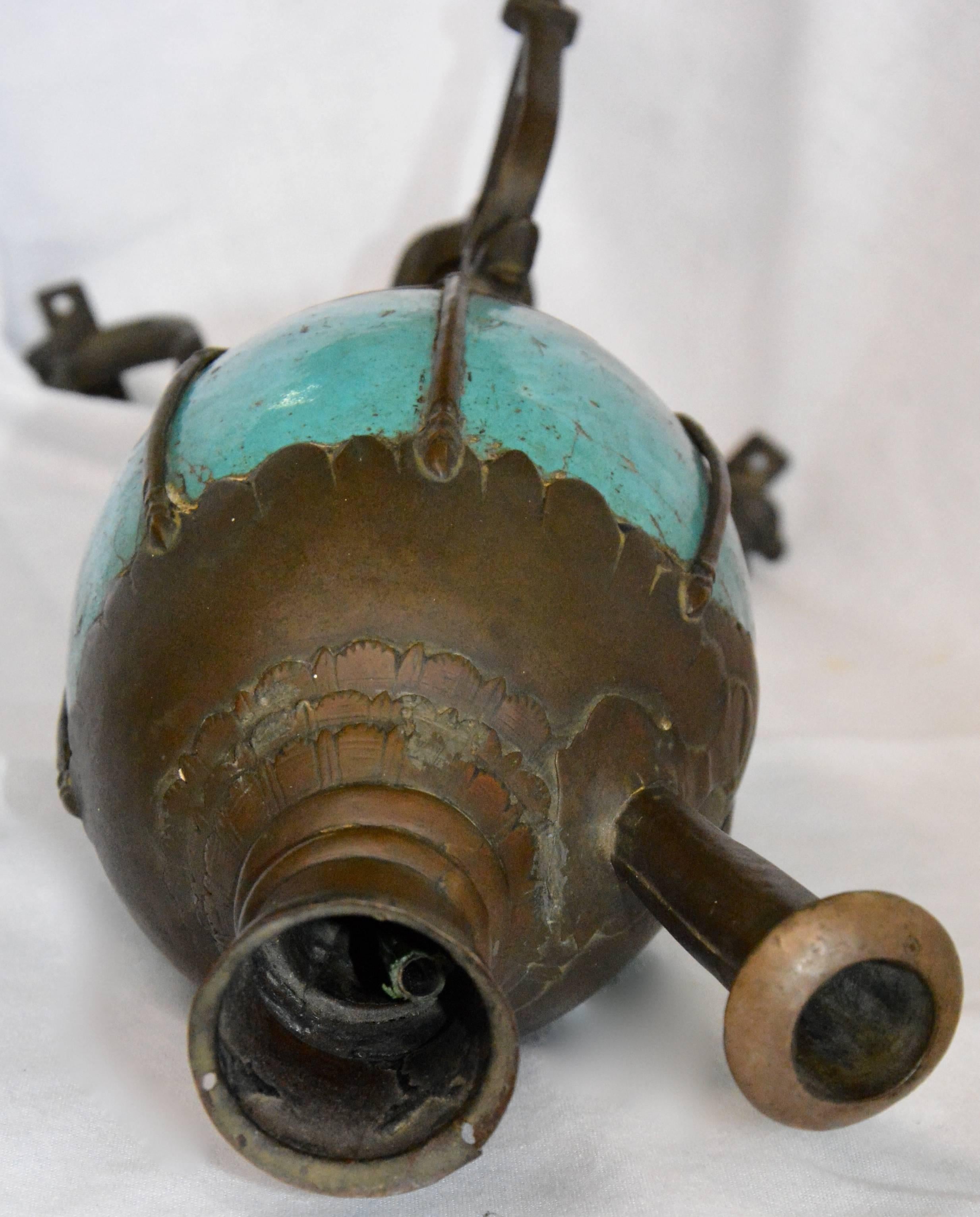 Indian Bronze and Turquoise Ceramic Hookah Pipe, Late 19th Century For Sale
