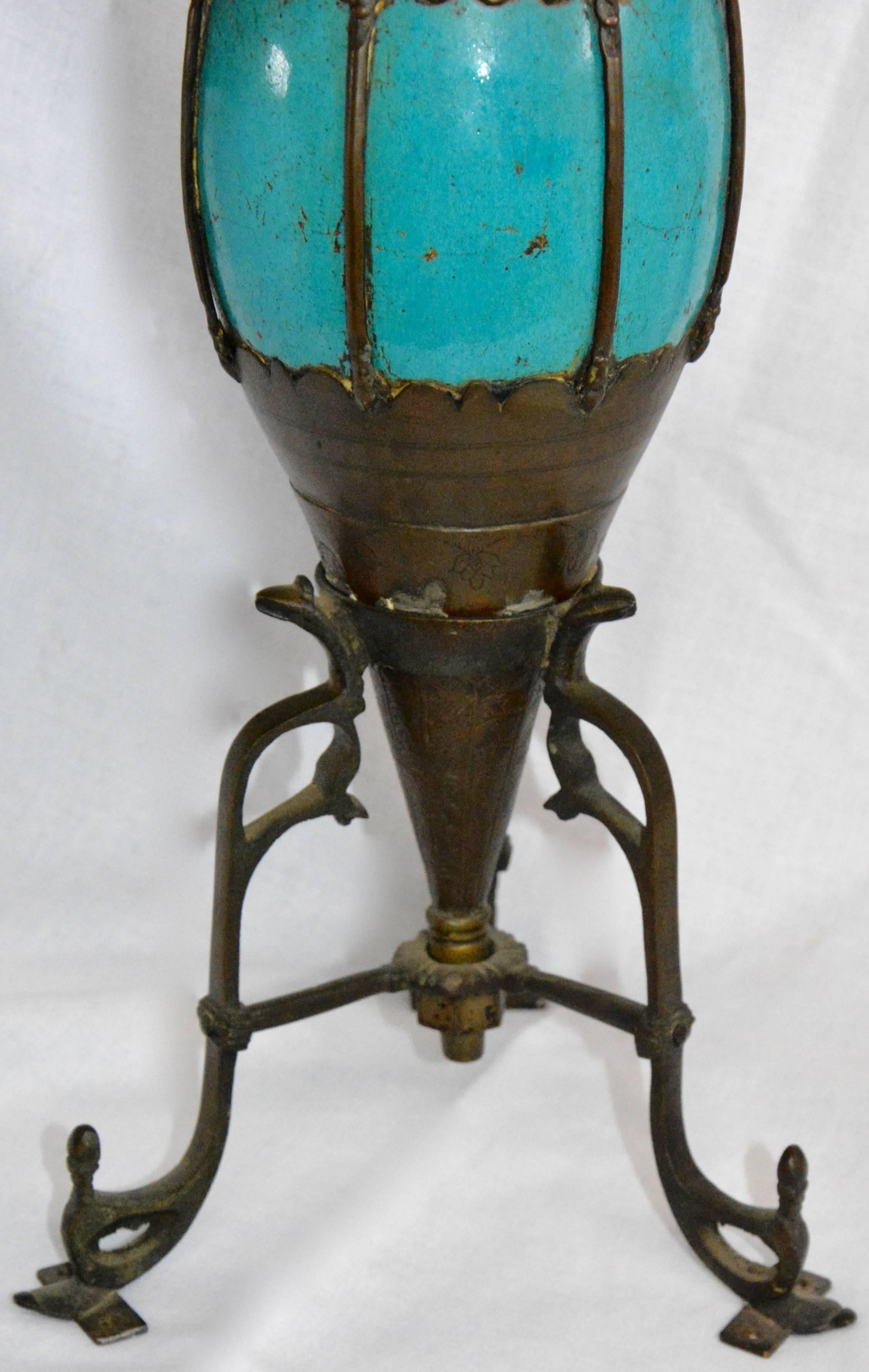 Arts and Crafts Bronze and Turquoise Ceramic Hookah Pipe, Late 19th Century For Sale