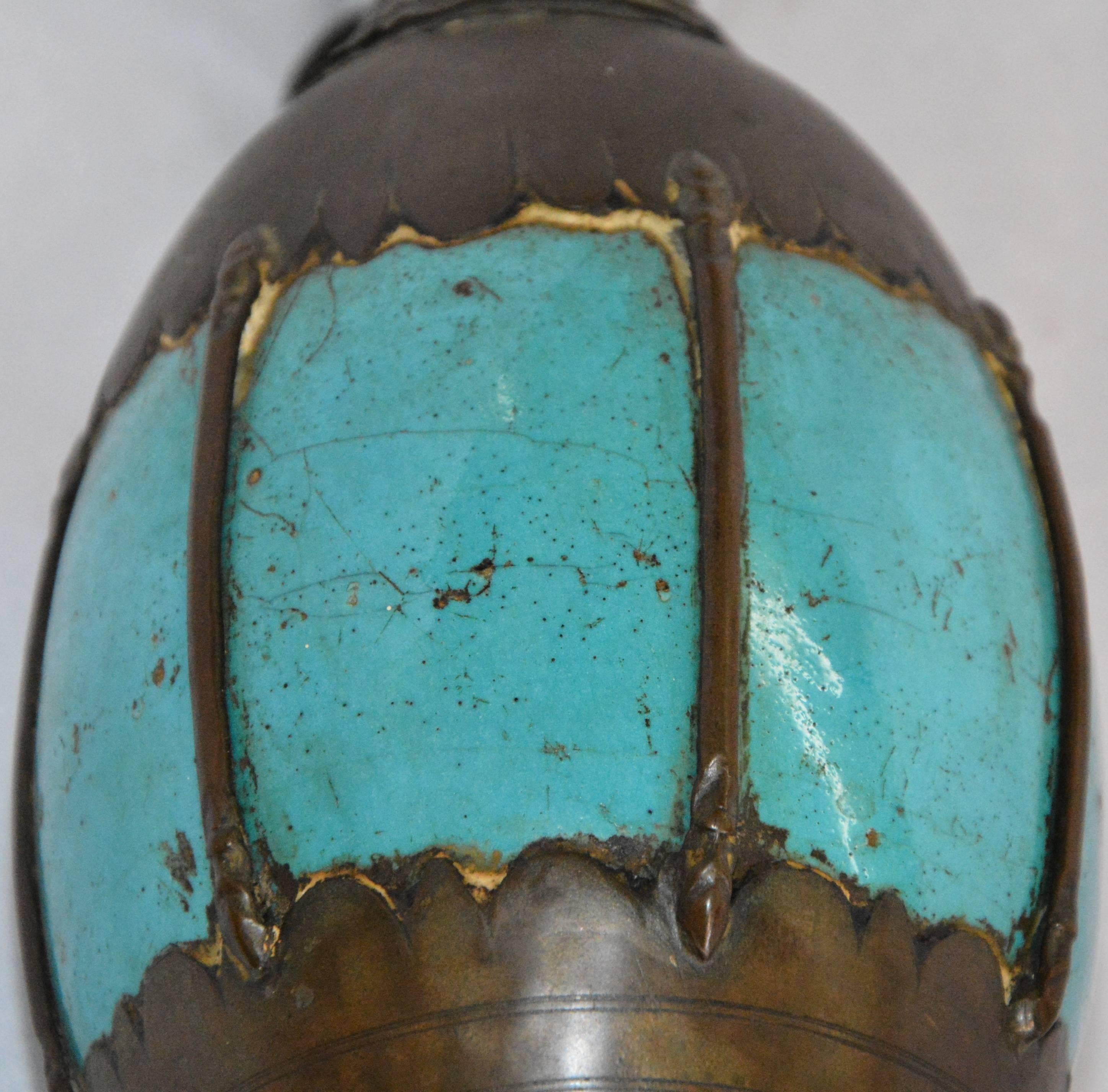 Bronze and Turquoise Ceramic Hookah Pipe, Late 19th Century For Sale 1