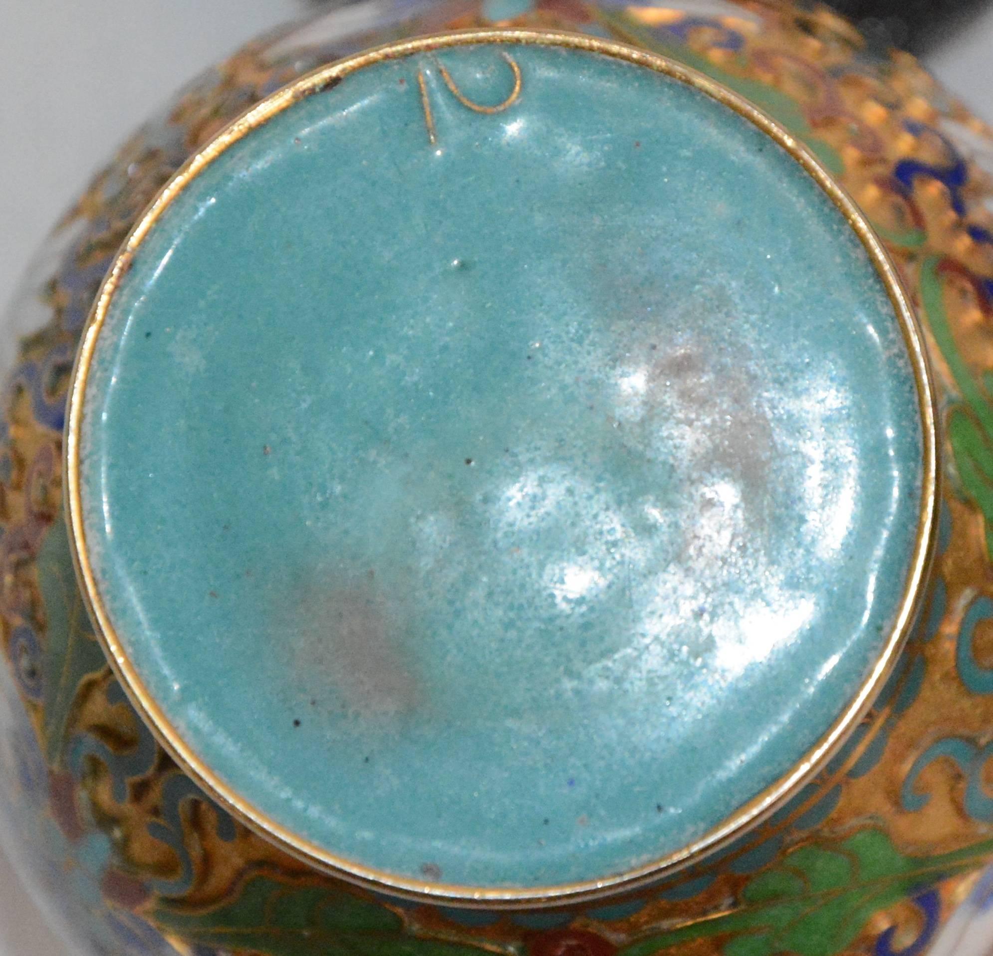 Hand-Crafted Pair of Chinese Cloisonné Vases on Lacquered Wooden Stands For Sale