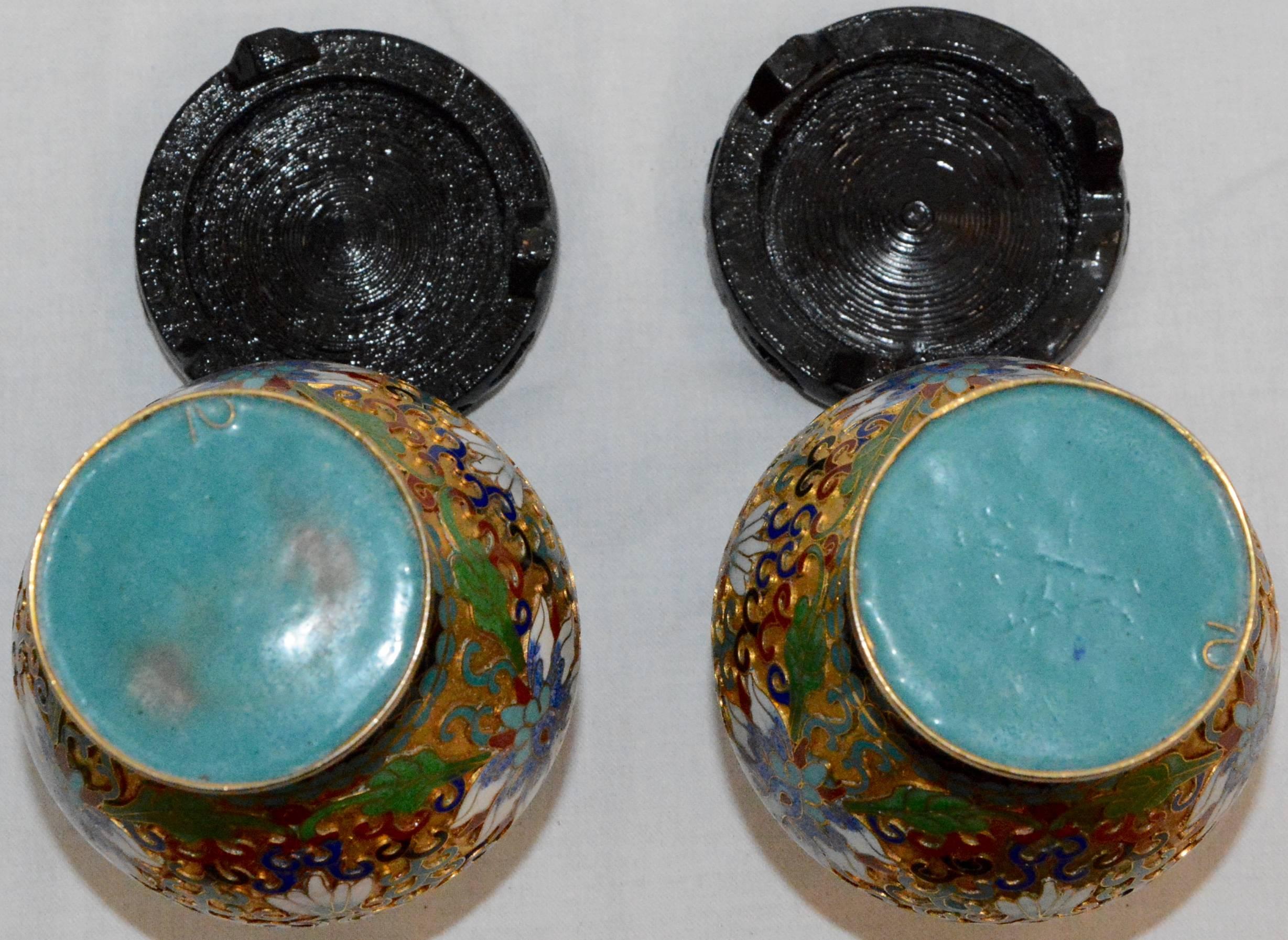 Chinese Export Pair of Chinese Cloisonné Vases on Lacquered Wooden Stands For Sale