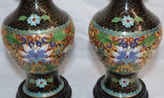 Pair of Chinese Cloisonné Vases on Lacquered Wooden Stands