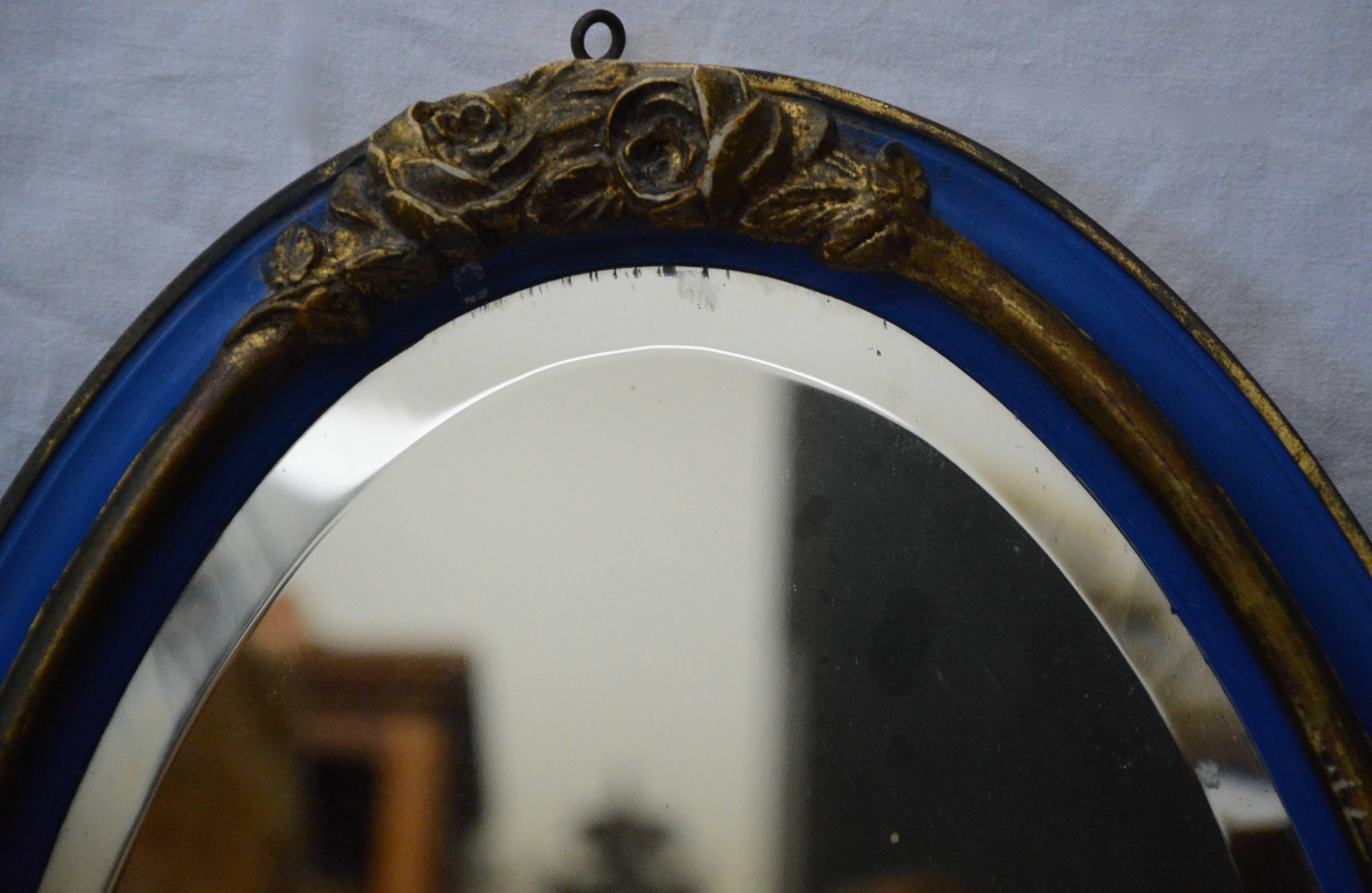 Rococo French Beveled Mirror Blue with Gold Gilded Roses