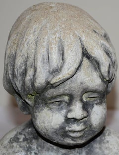 Cast Stone Statue of Baby Holding Bunnies