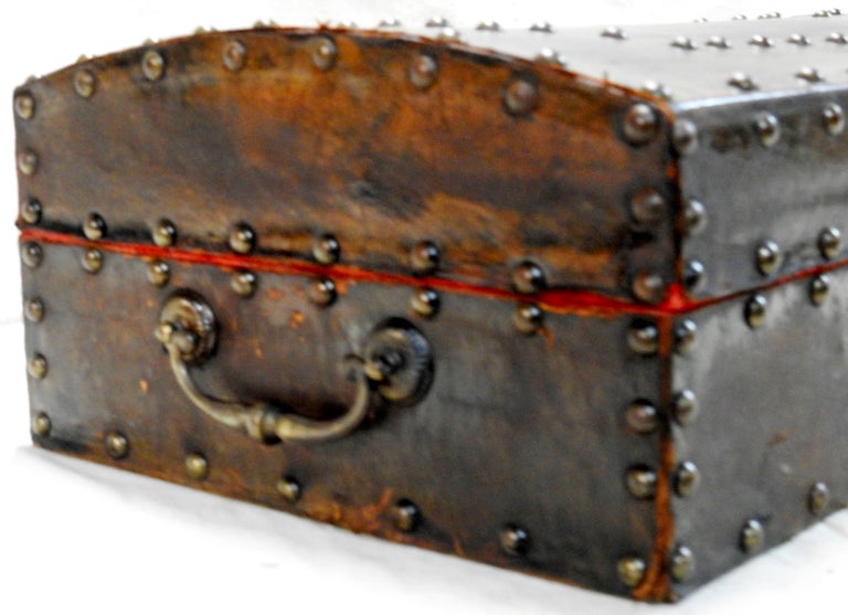 Late 19th Century Leather Box with Hammered Bronze Tacks For Sale at