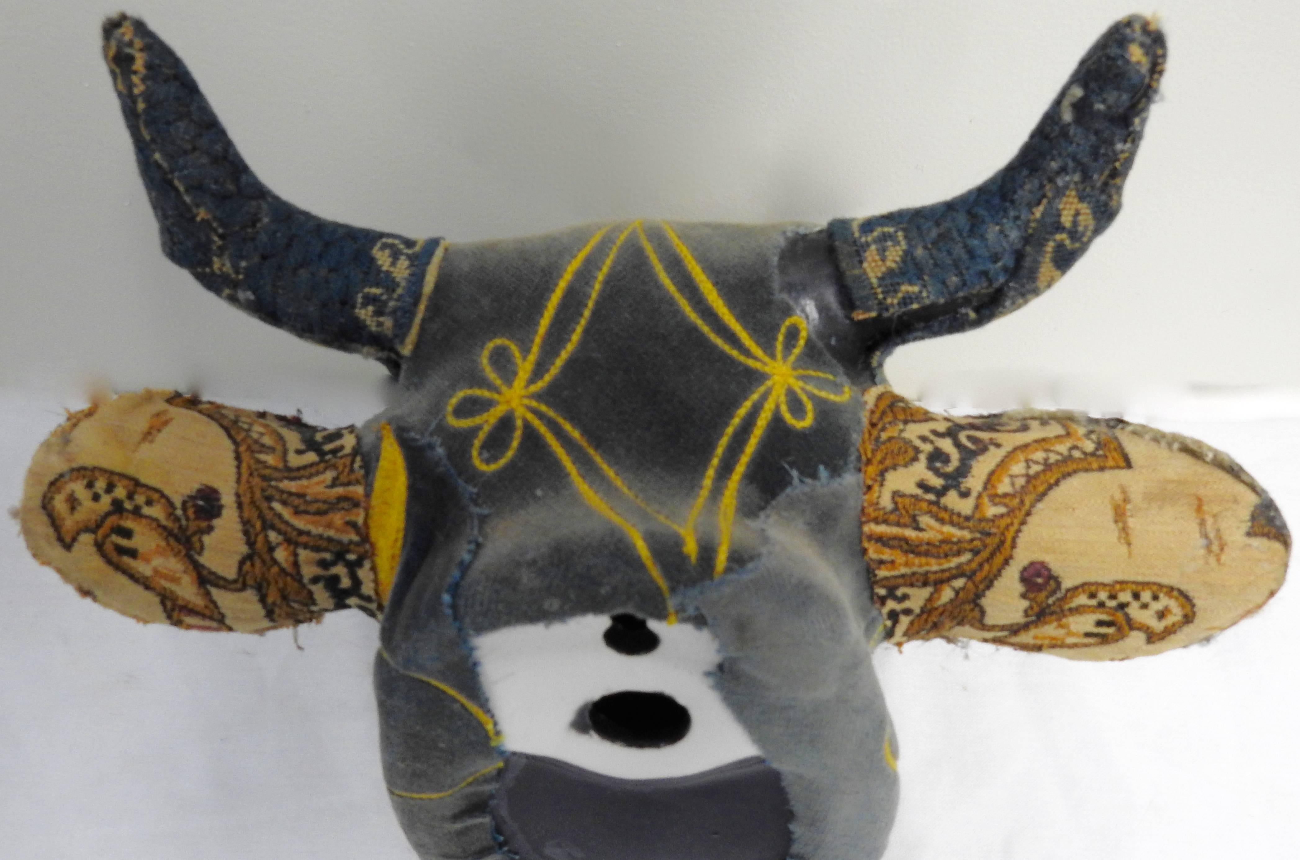 Contemporary Folk Art Porcelain Heifer with Vintage and Antique Textiles For Sale