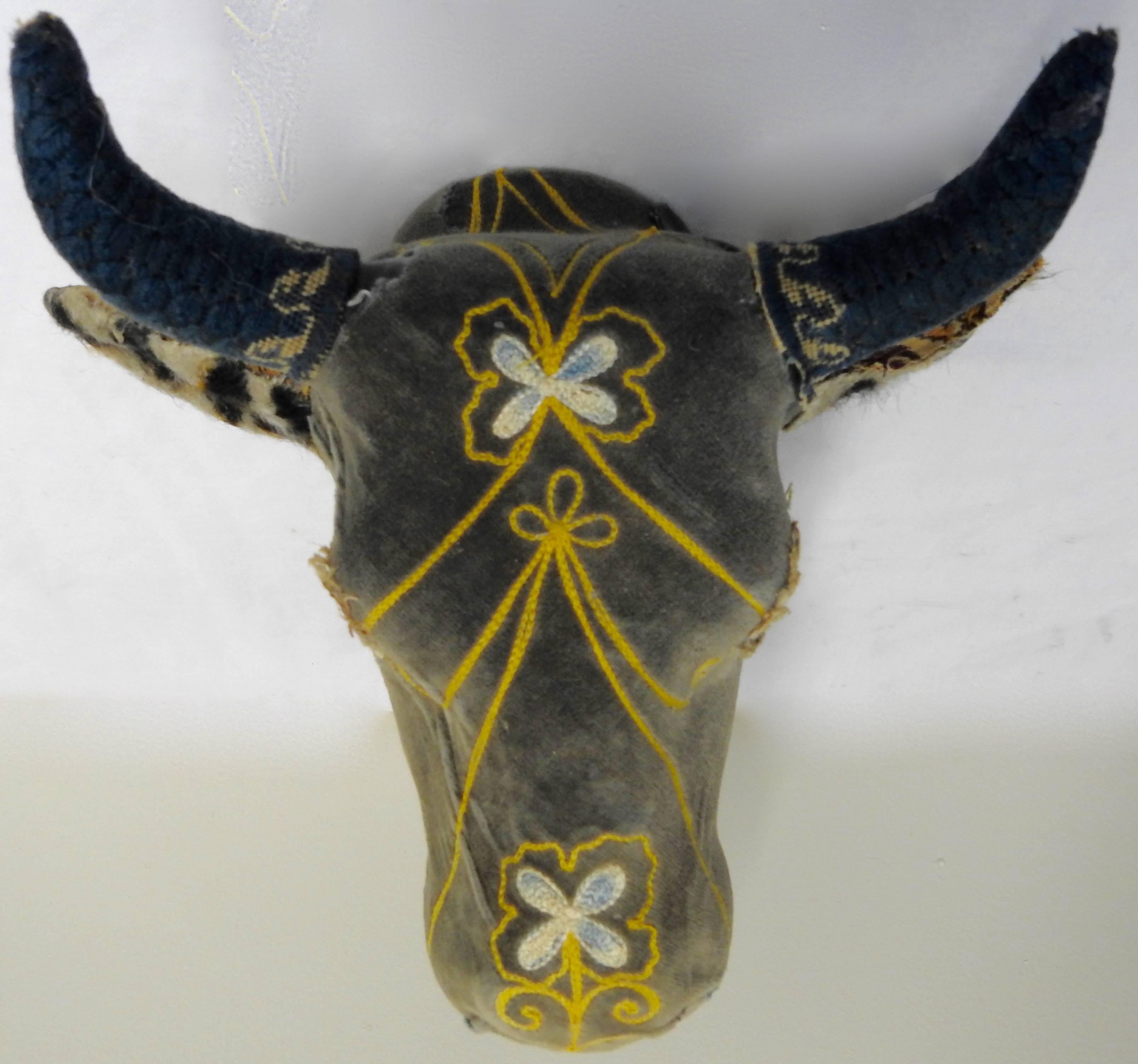 Folk Art Porcelain Heifer with Vintage and Antique Textiles For Sale 1