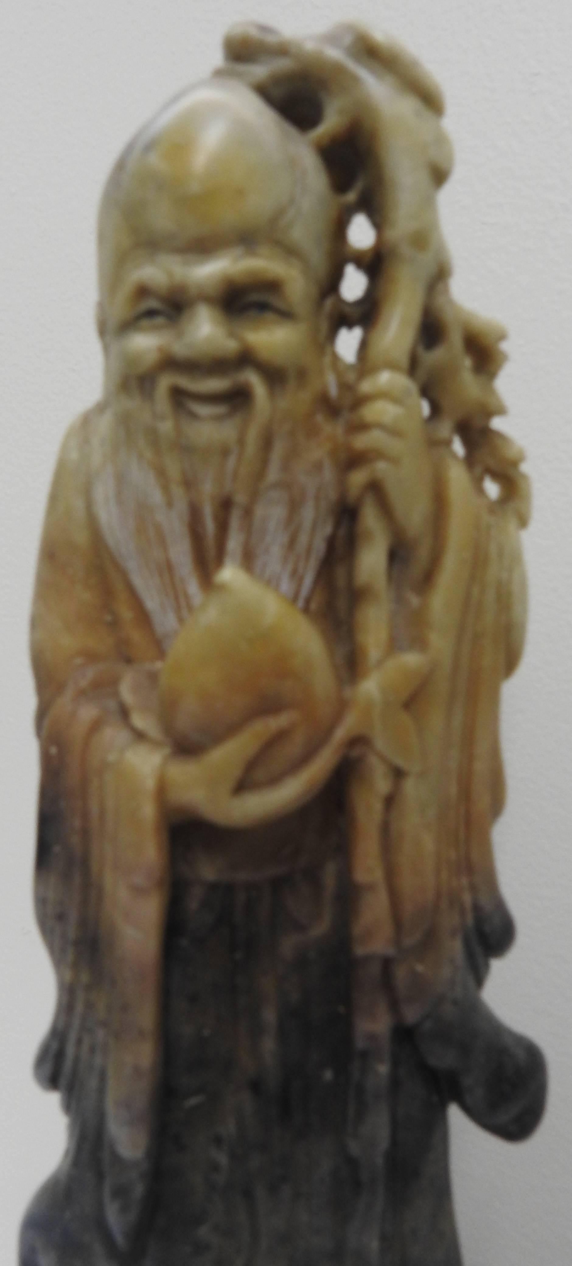 Chinese Export Asian Soapstone Figure Holding Staff, Early 20th Century For Sale
