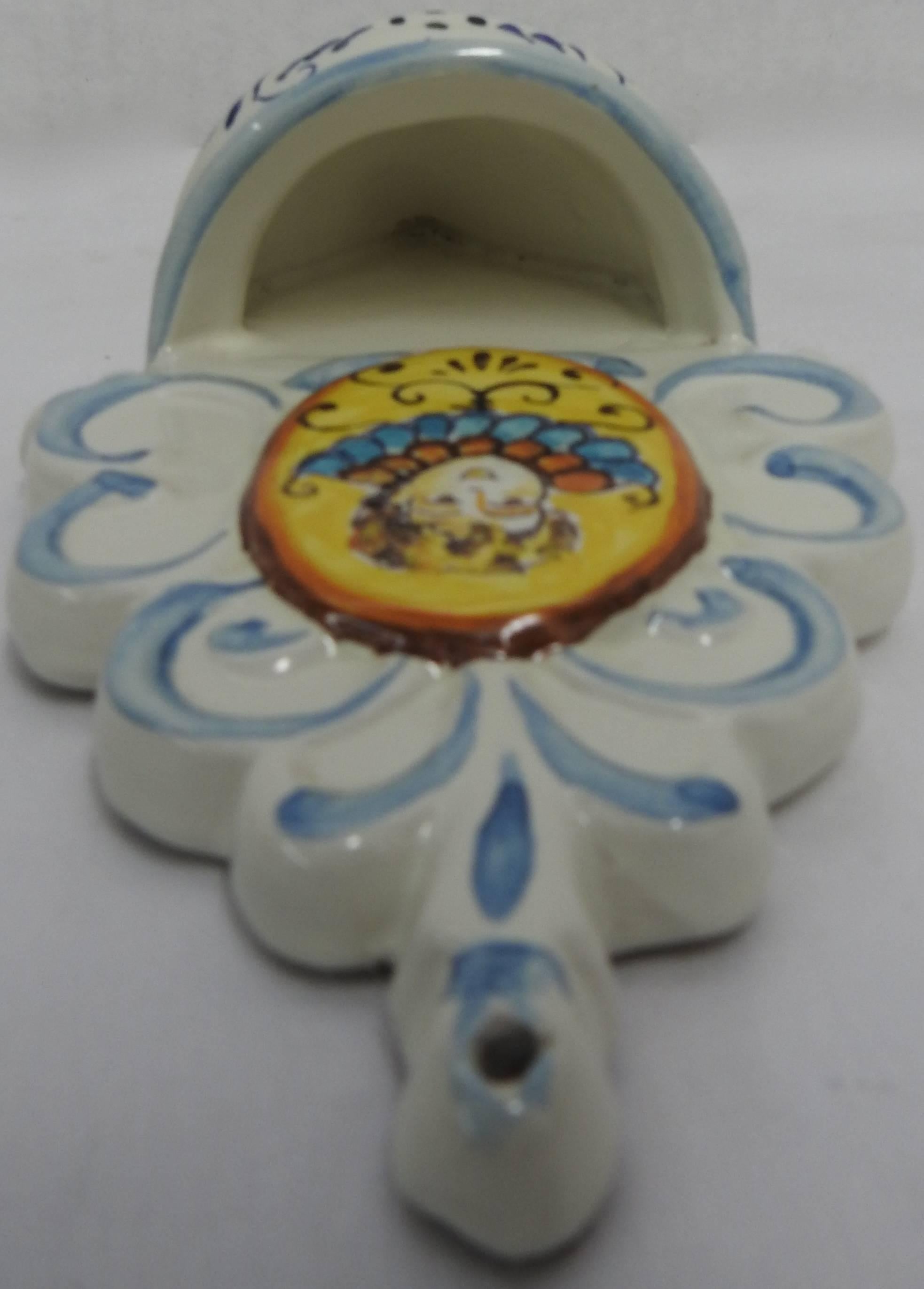 Fired Ceramic Holy Water Font 20th Century Hand Painted For Sale