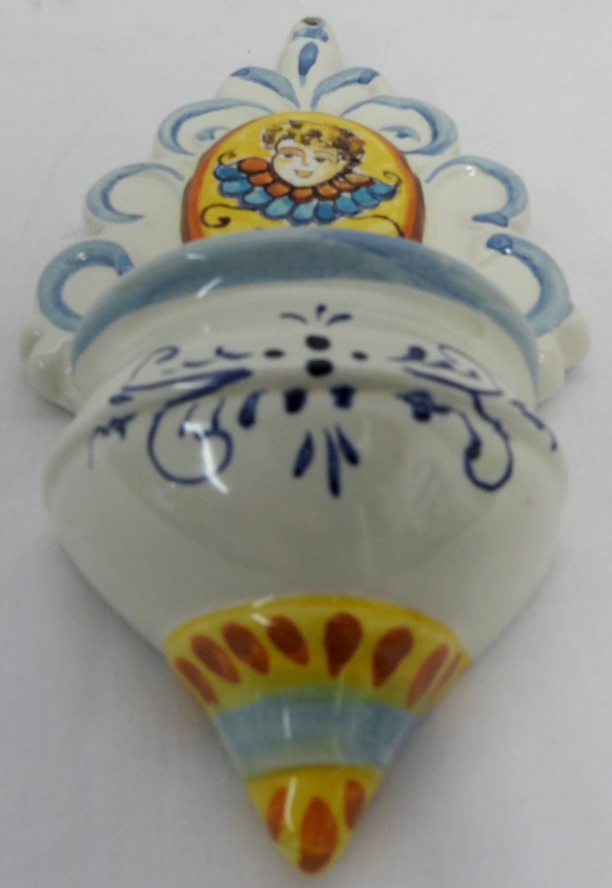 Colombian Ceramic Holy Water Font 20th Century Hand Painted For Sale