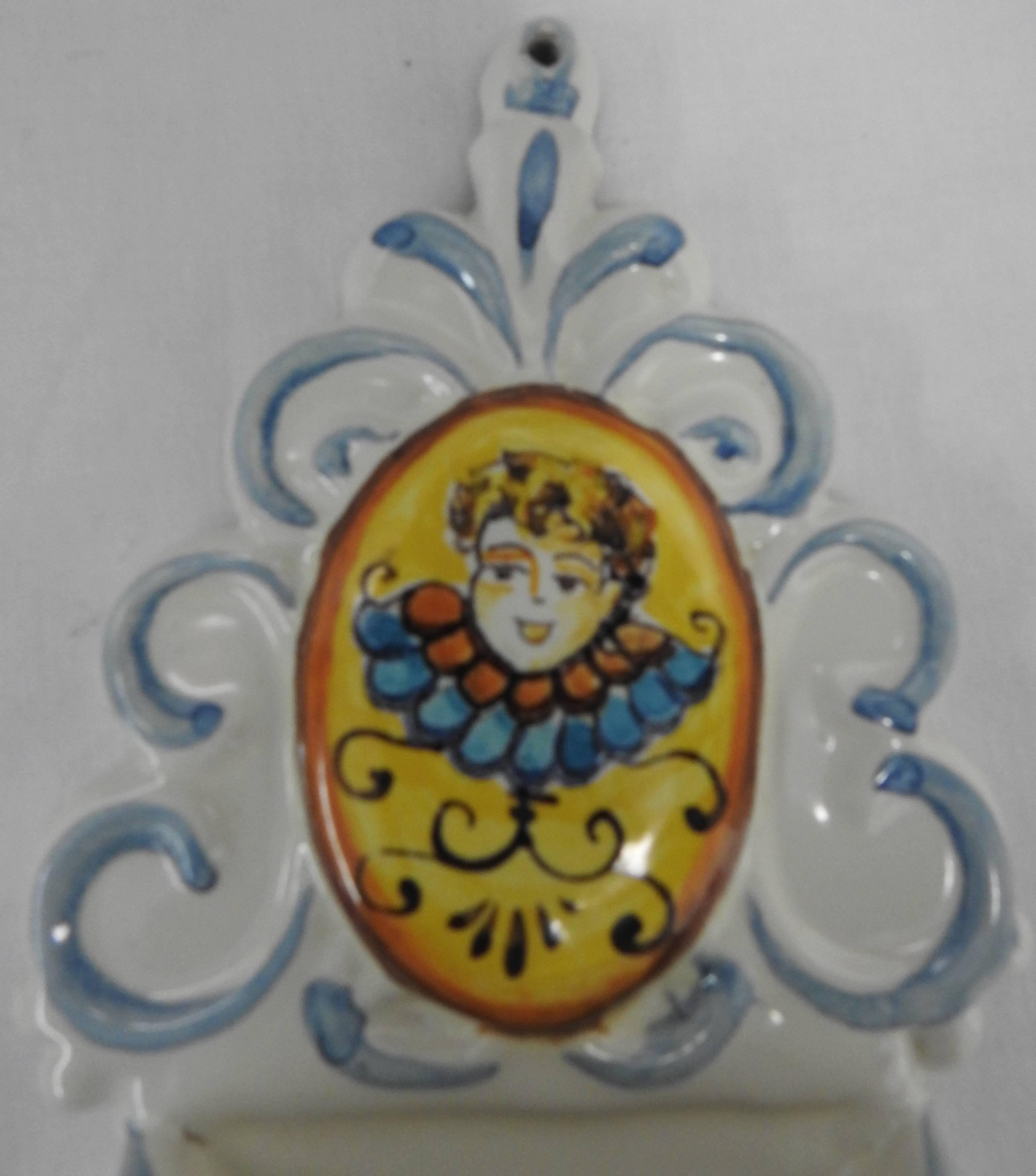 Spanish Colonial Ceramic Holy Water Font 20th Century Hand Painted For Sale