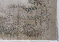 Oushak Neutral, Purple and Green Rug with Foliate Detail, 19th Century