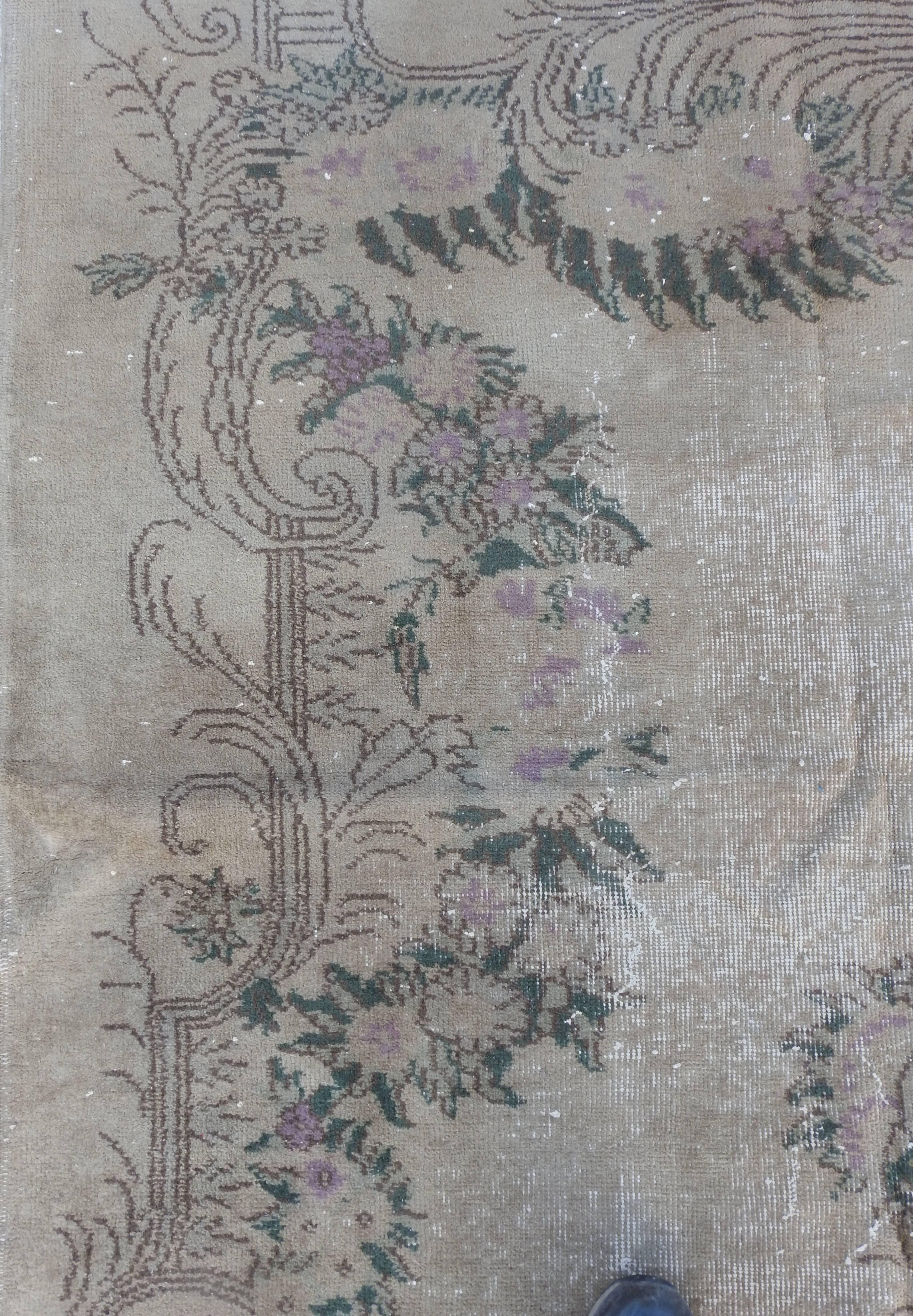 Wool Oushak Neutral, Purple and Green Rug with Foliate Detail, 19th Century For Sale