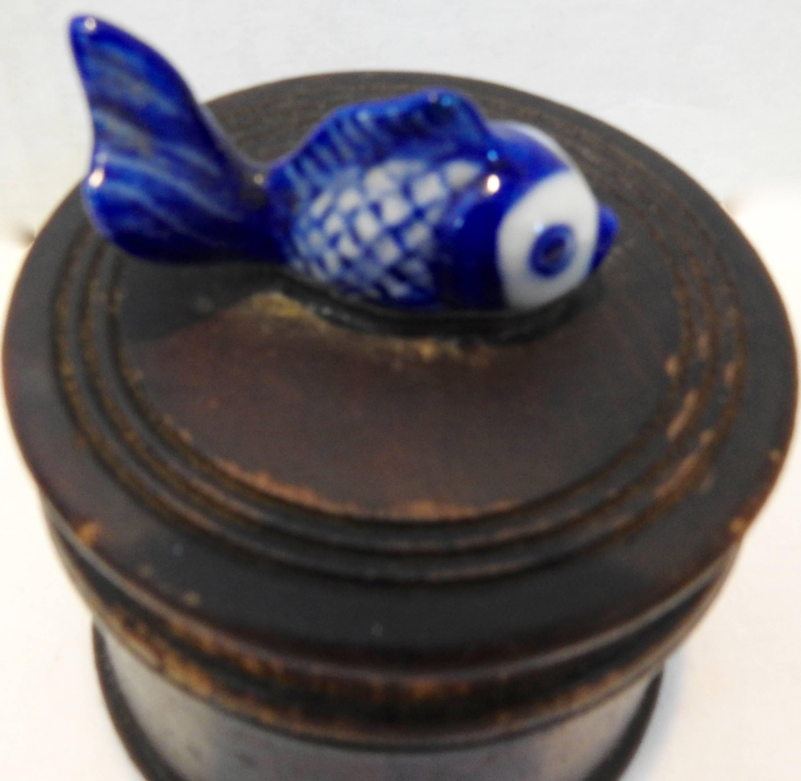 Hand-Crafted Wooden Box with Porcelain Koi Fish on Lid For Sale